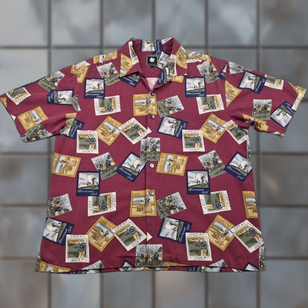 Vintage Aureus Silk Blend Shirt Men's L Hawaiian Golf Print Short Sleeve Button-Up Shirt Size US L / EU 52-54 / 3 - 1 Thumbnail