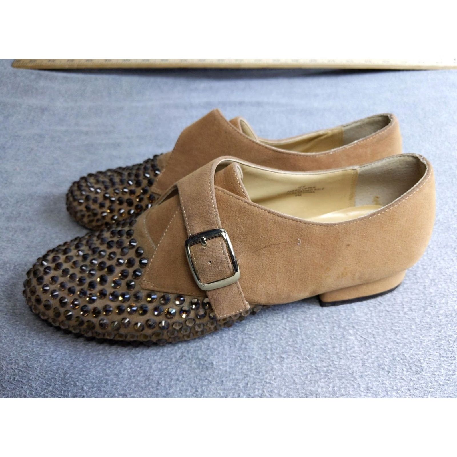 Vintage Bijou New York Shoes Womens 9M Suede Buckle Rhinestone Dress Loafers Monk Strap Leather Sole Brown Size M / US 6-8 / IT 42-44 - 2 Thumbnail