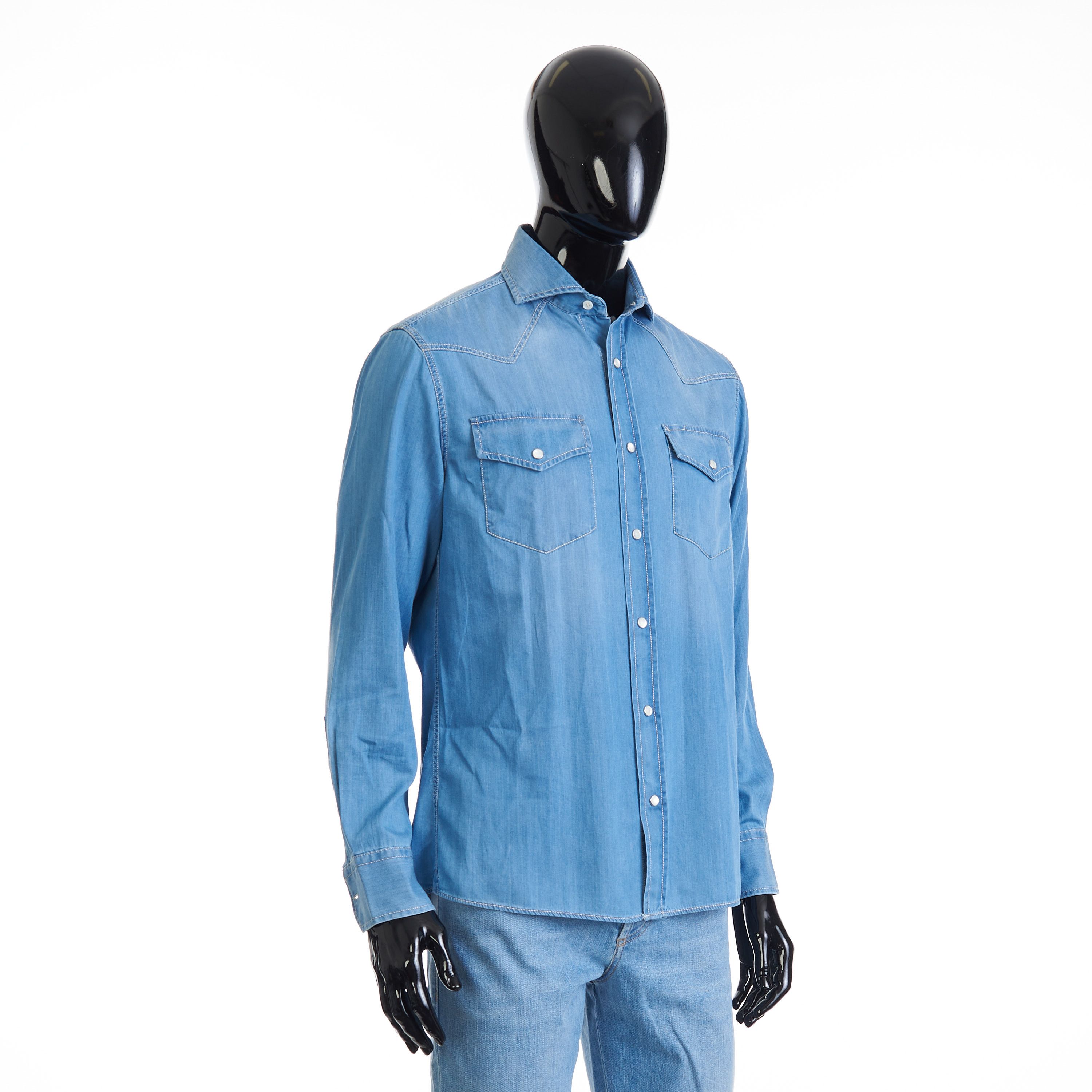 Brunello Cucinelli Easy Fit Blue Western Shirt - Lightweight Denim Size US S / EU 44-46 / 1 - 8 Thumbnail