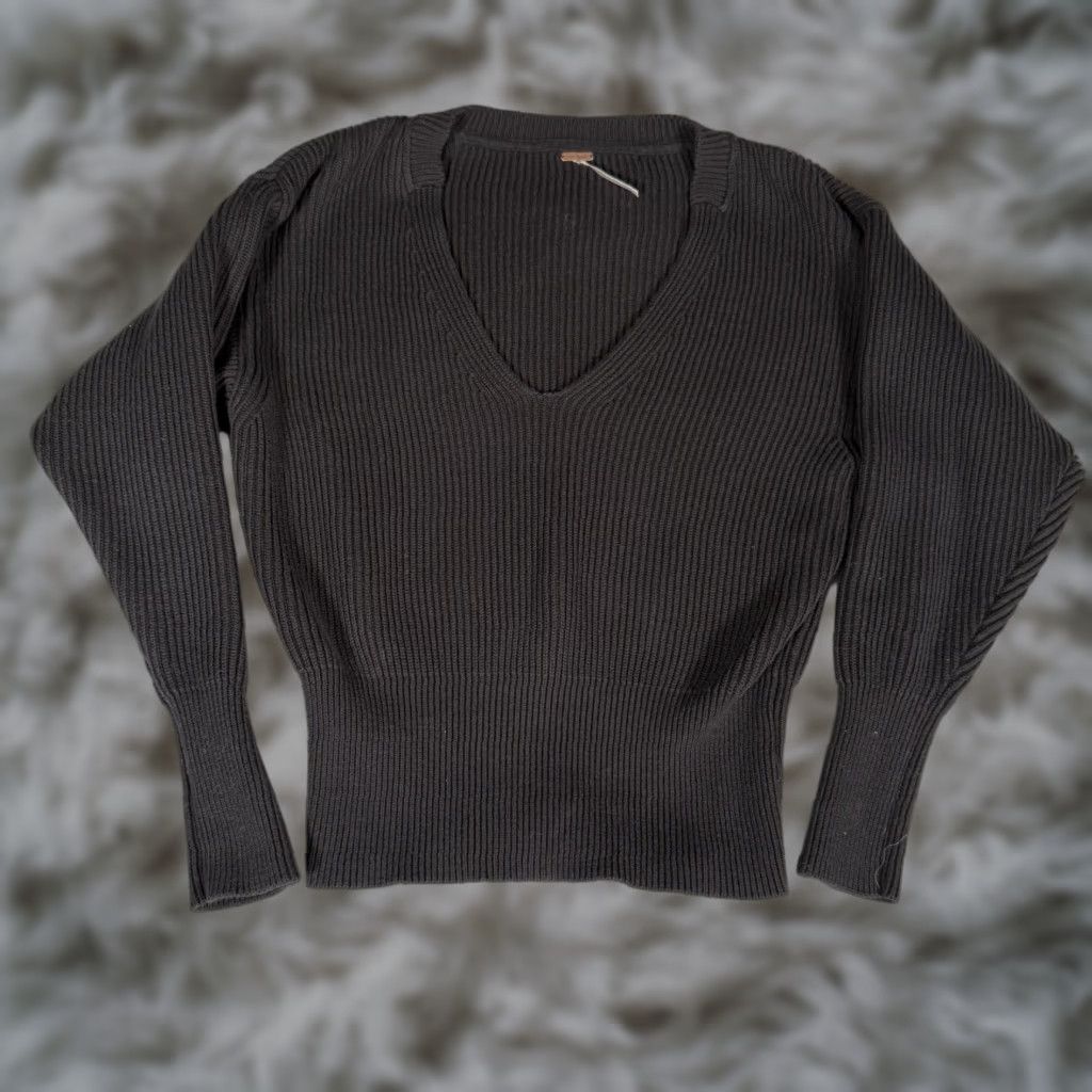 Free People Free People Ribbed Knit Sweater Womens Small Deep V Neck Oversized Black Shirt Pullover Casual Womens Size S / US 4 / IT 40 - 1 Thumbnail