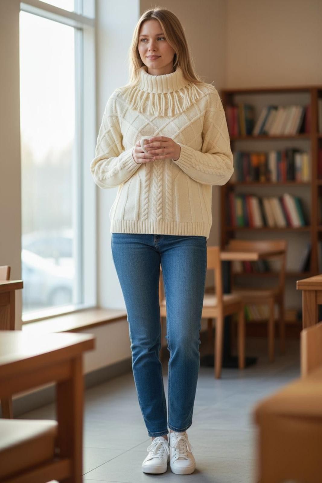 Other Draper's & Damons Women's Cream Knit Turtleneck Sweater Size M / US 6-8 / IT 42-44 - 1 Thumbnail