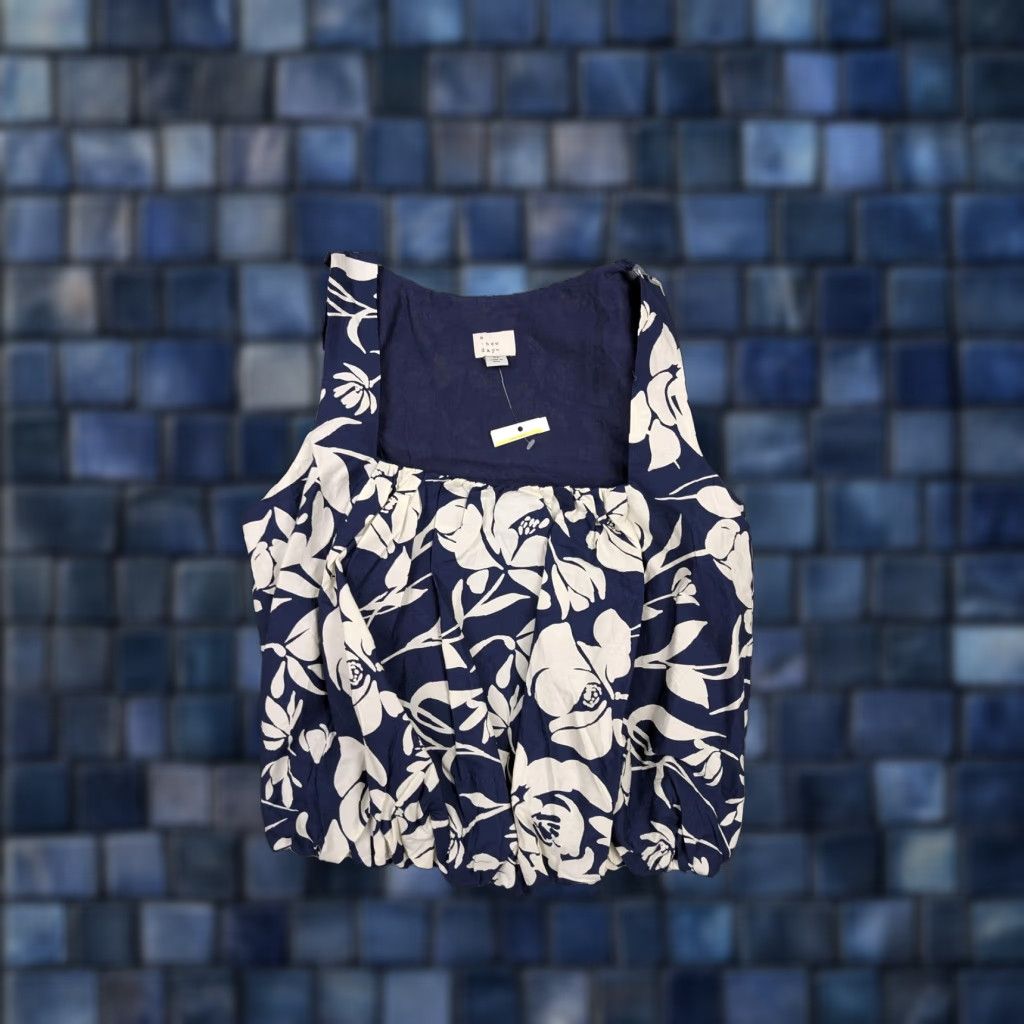Vintage A New Day Womens Tank Cropped Sleeveless Blouse XS Navy Blue White Floral Cotton Bubble Hem Square Neck Lined Size XS / US 0-2 / IT 36-38 - 1 Thumbnail