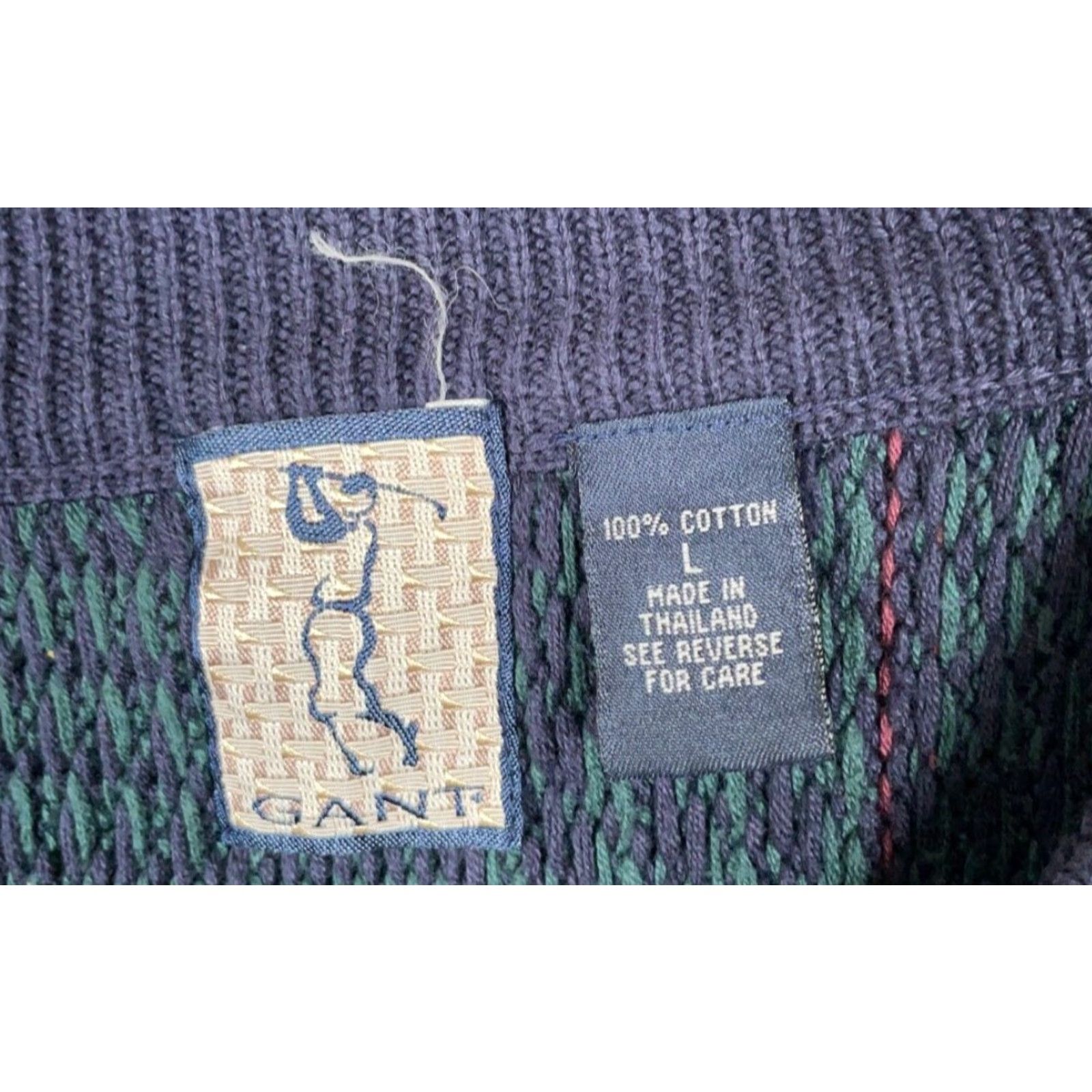 Gant GANT 90s Cotton Tennis V-Neck Sweater Mens Large Green Blue Houndstooth Check Knit Pullover Vintage Size US L / EU 52-54 / 3 - 3 Thumbnail