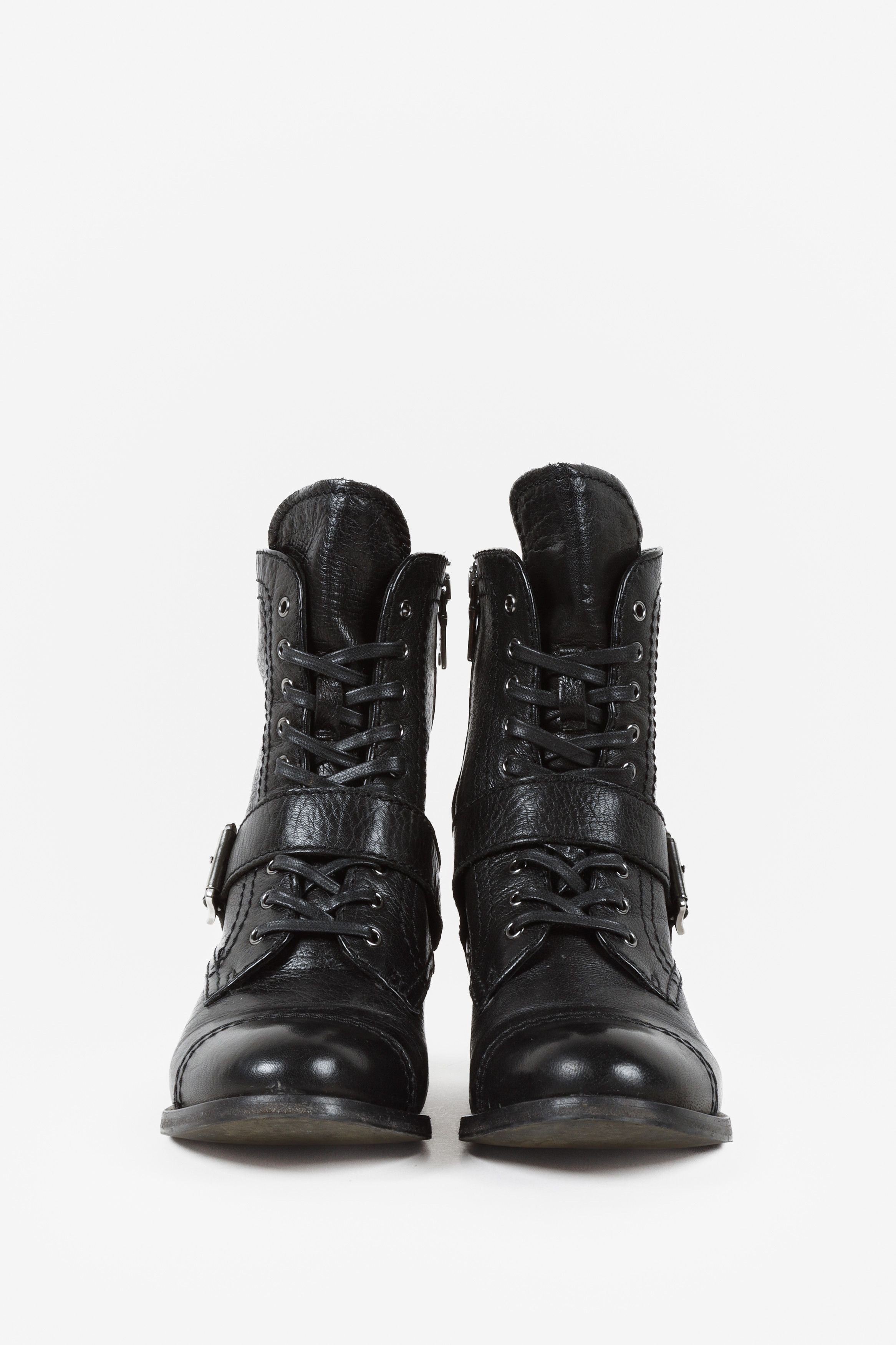 Prada Black Leather Buckle Lace Up Boots