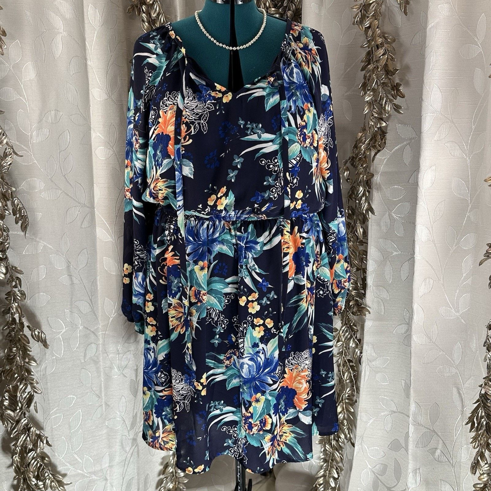 Other Ava & Viv 1X Navy Floral Dress Sheer Sleeves & Tie Neck Size XL / US 12-14 / IT 48-50 - 5 Thumbnail