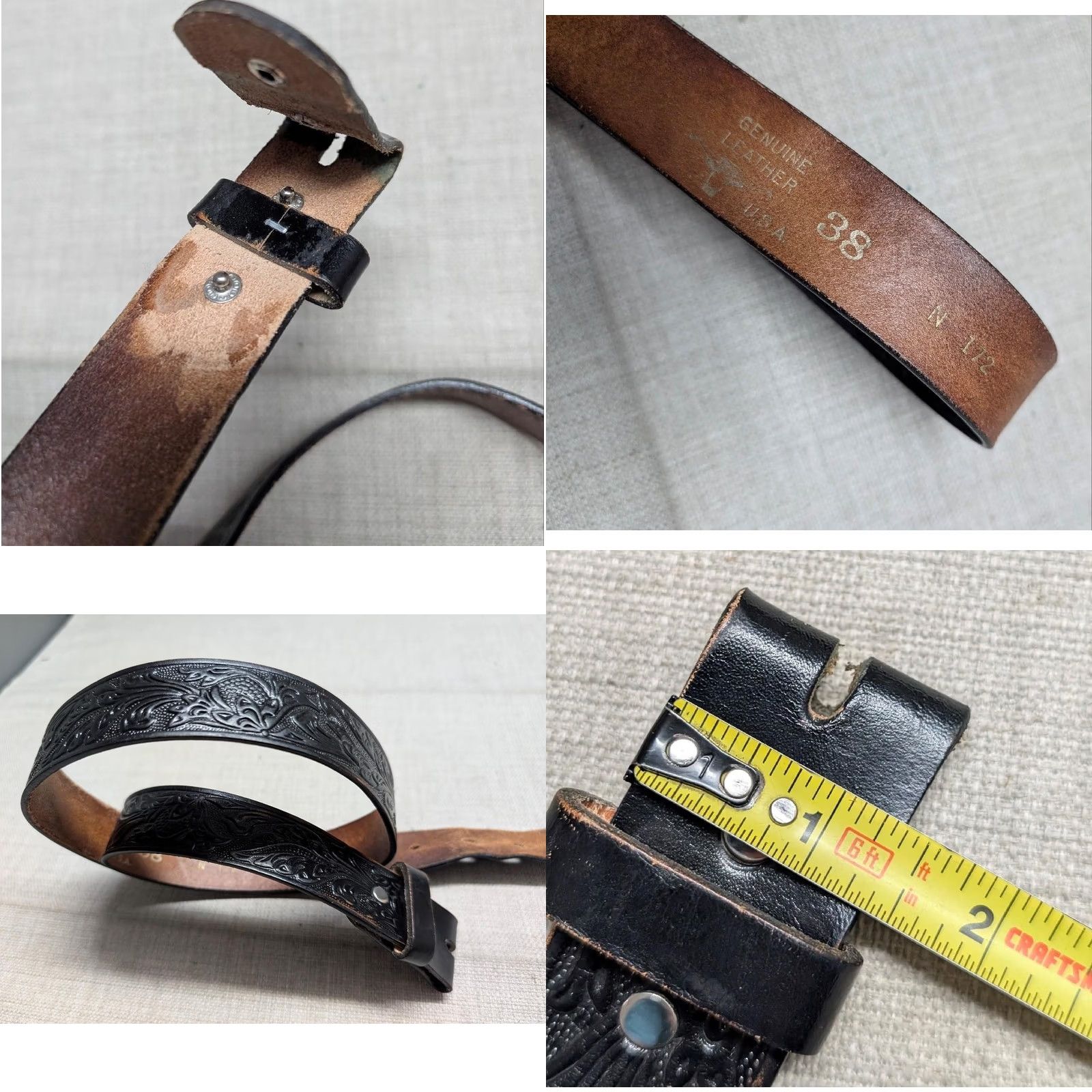 Vintage VINTAGE handcrafted USA made TOOLED belt western belt 36 leather steerhide floral buckle western Mens Black 36 Size 36 - 8 Thumbnail
