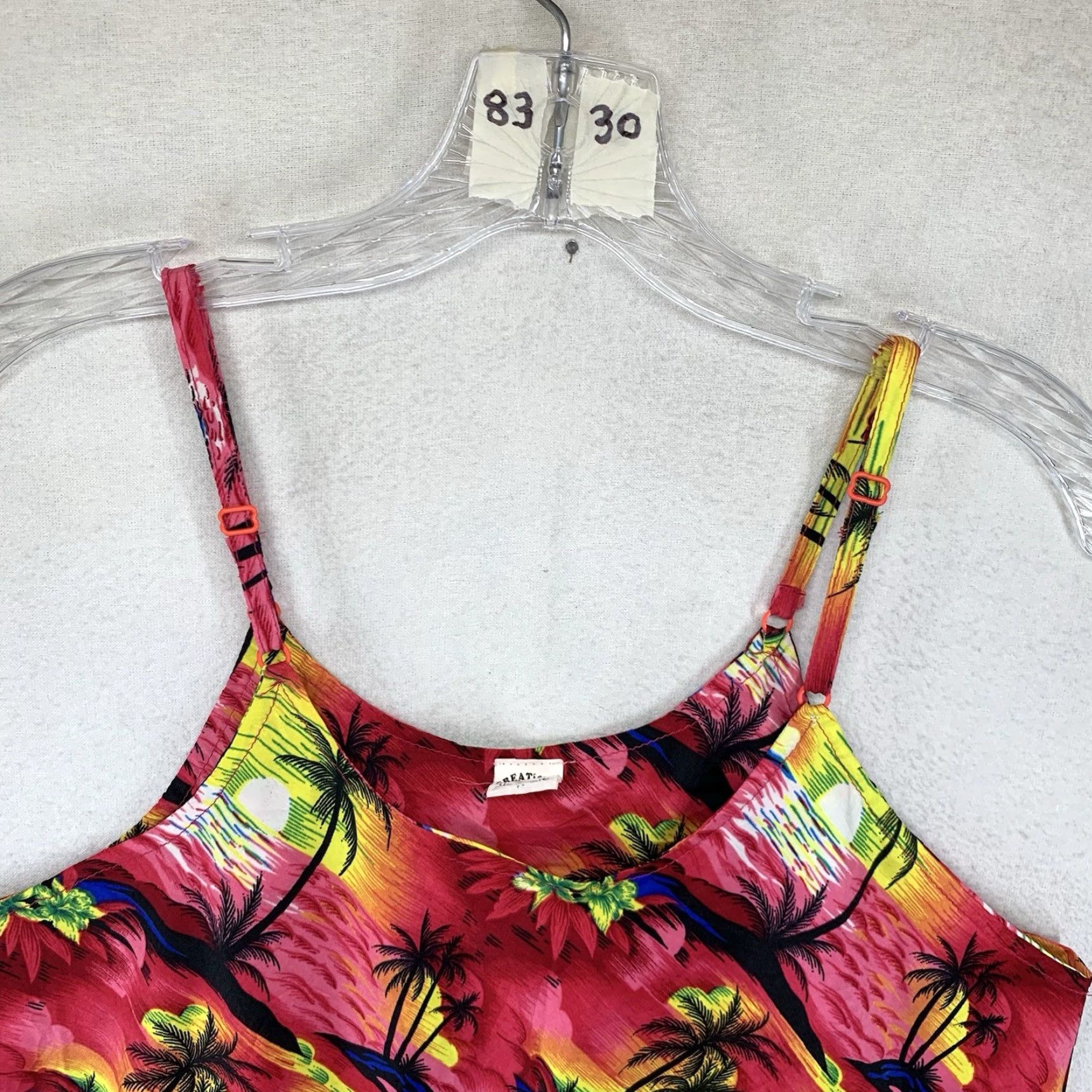 Vintage VINTAGE Creations Women's Hawaiian Top Mini Dress Sundress 70s Retro Floral Pink Sleeveless Scoop Neck Pullover Adjustable Straps Short Dress Size M / US 6-8 / IT 42-44 - 3 Thumbnail