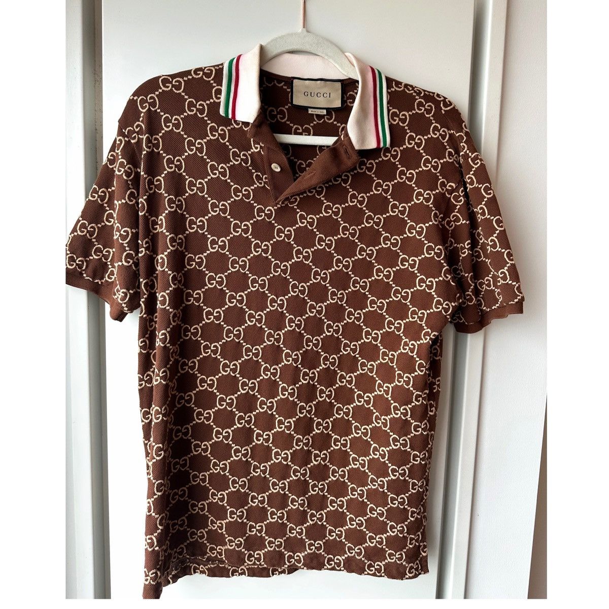 image of Gucci Cotton Silk Polo Shirt in Brown, Men's (Size Small)