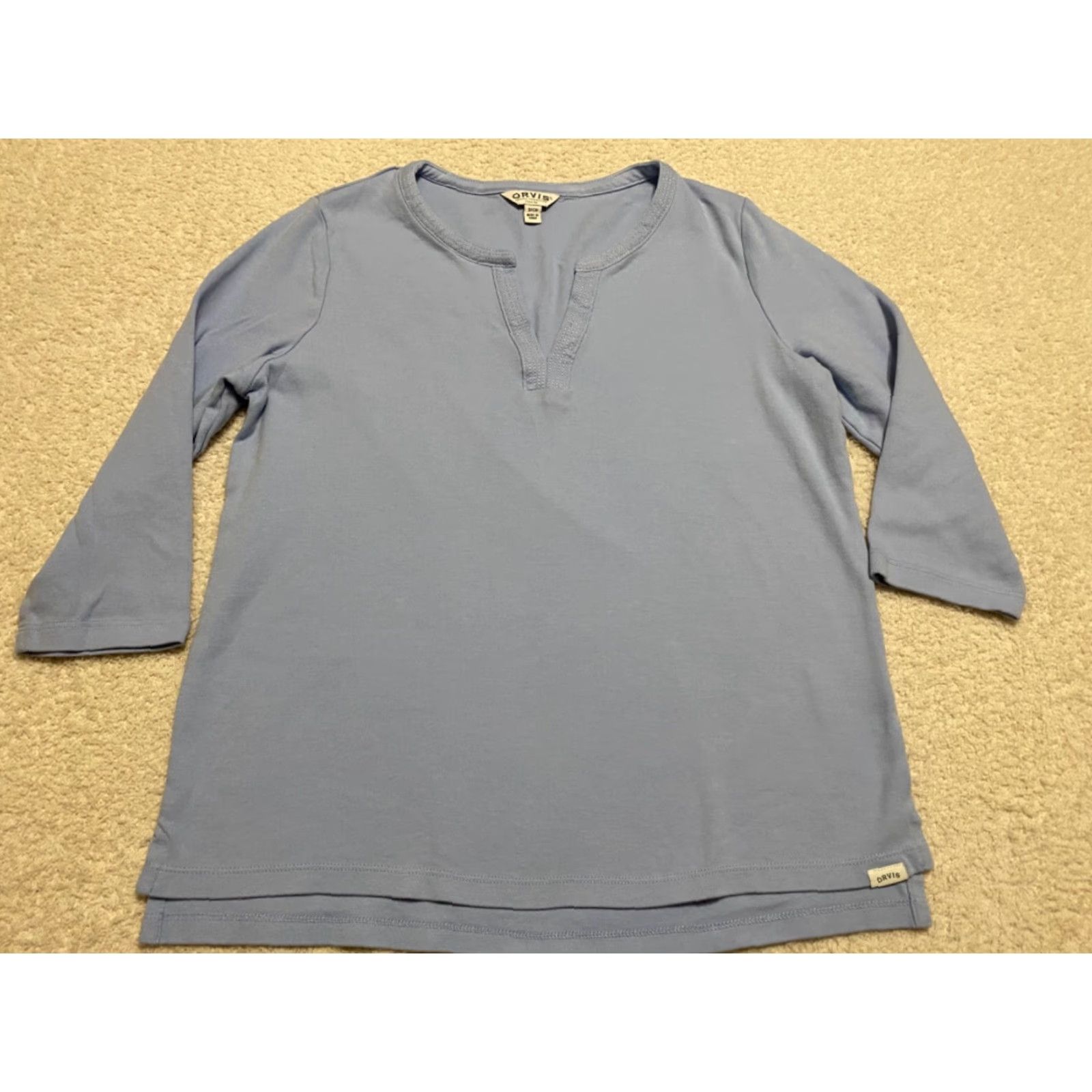 Orvis Orvis Womens Shirt Small V-Neck 3/4 Sleeve Pullover Solid Blue Cotton Blouse Womens Size S / US 4 / IT 40 - 3 Thumbnail