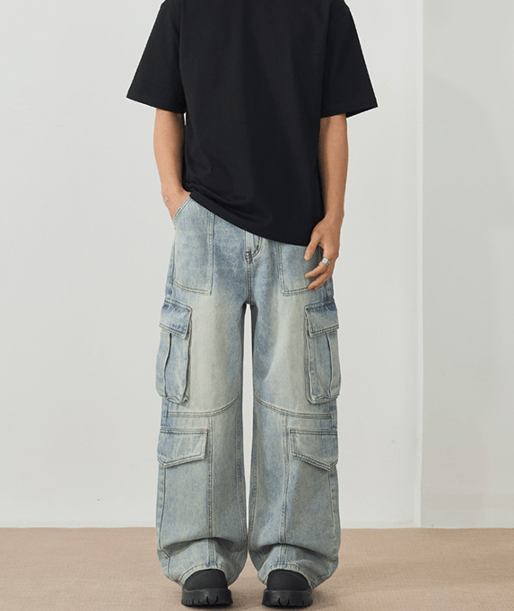 American retro patchwork multi-pocket cargo baggy jeans