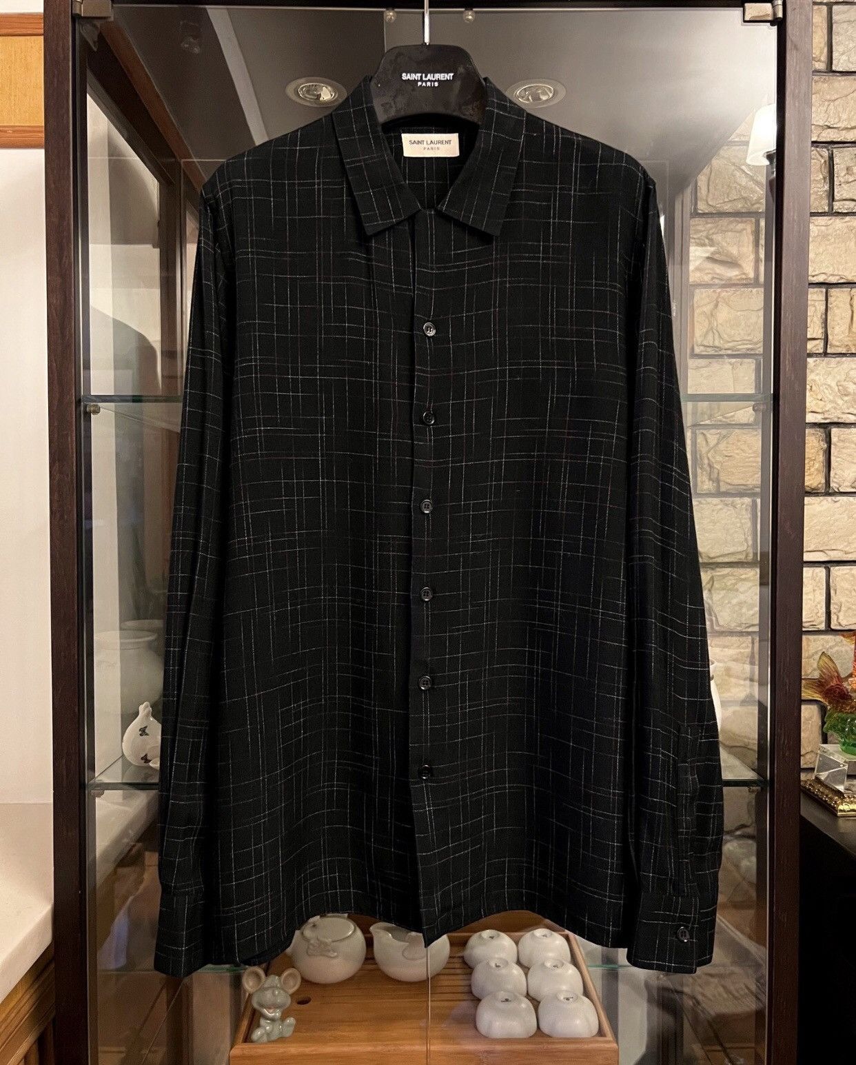 image of Saint Laurent Paris x YVES Saint Laurent Slp Genuine 14Fw Black Cuba Collar Silk Shirt (Size 2XS)