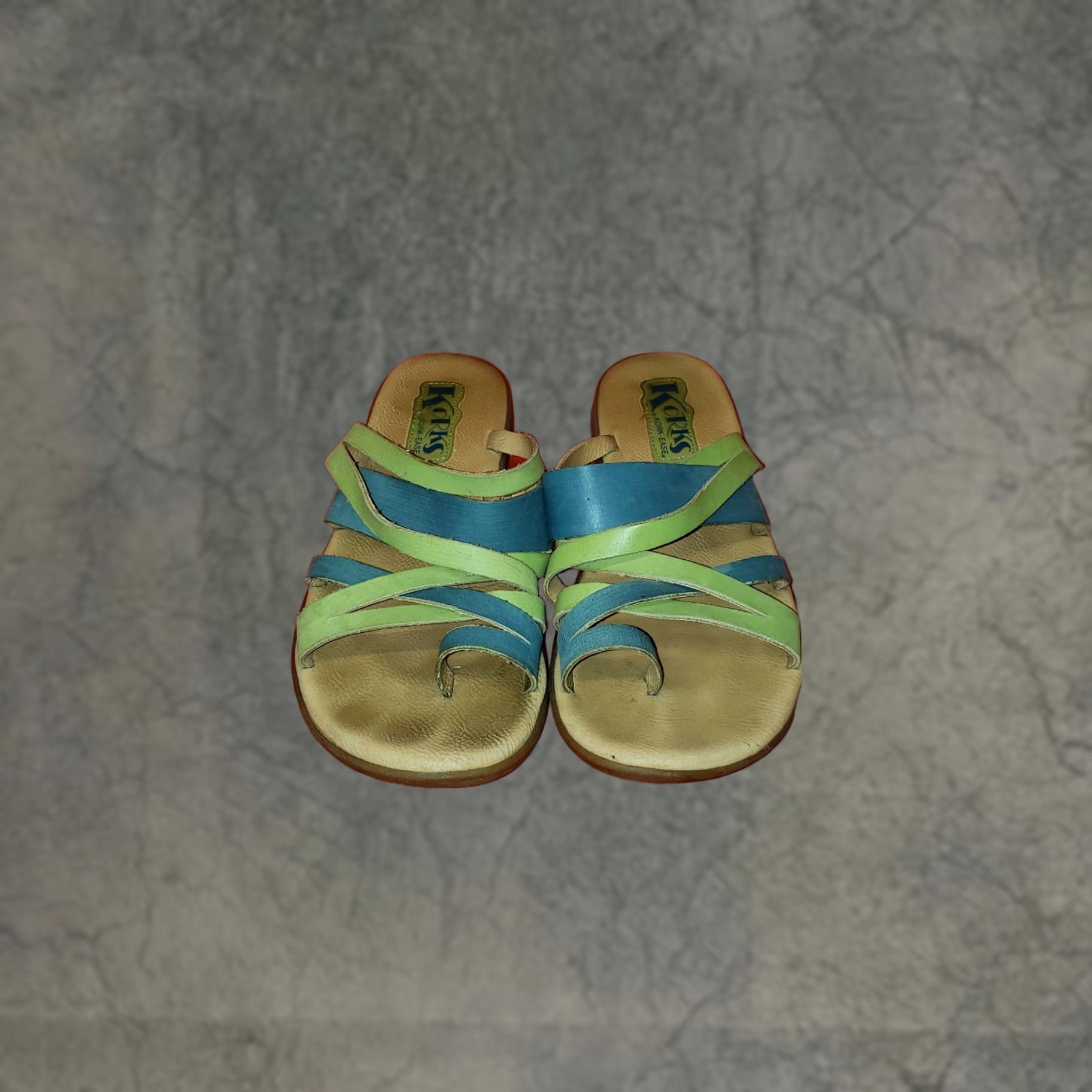 Vintage Korks Women's Strappy Slide Toe Ring Sandals Size 7M Green & Blue Leather Cushioned Insole Casual Shoes Womens Size US 7 / IT 37 - 1 Thumbnail
