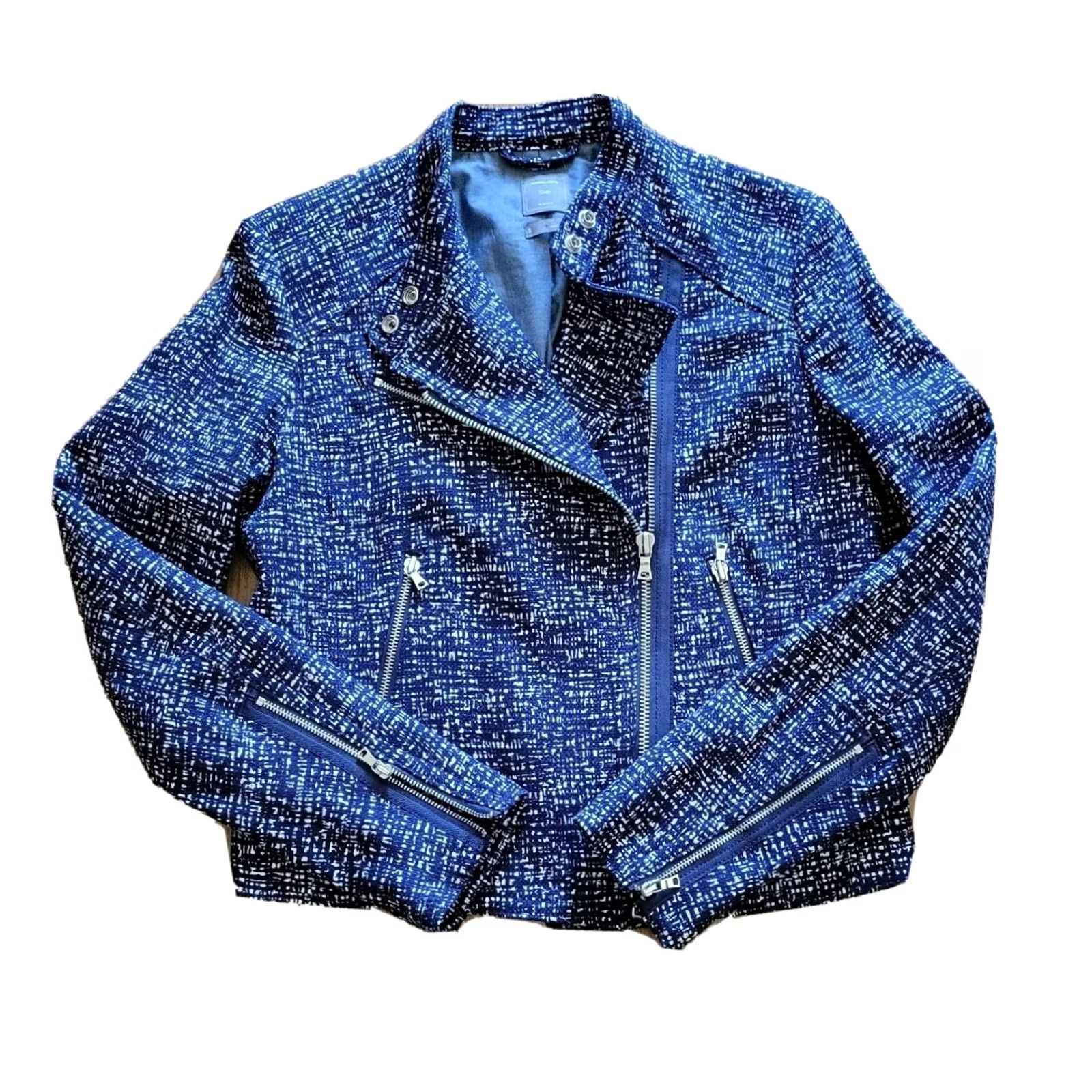 Gap Gap Denim Blue Tweed Moto Jacket - Women Size S, Zip Up, Long Sleeve, Casual Coat Size S / US 4 / IT 40 - 2 Thumbnail