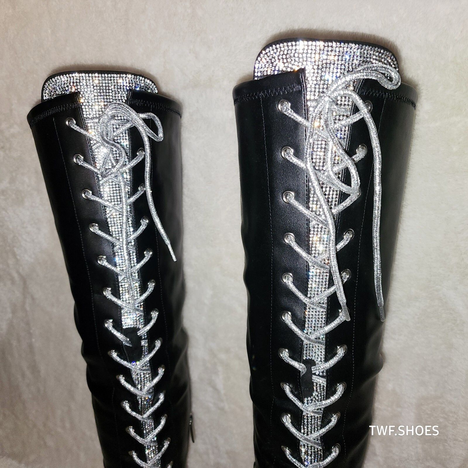 Other Roscoe Black Combat Thigh High Boots Iridescent Rhinestone T Size US 7 / IT 37 - 3 Thumbnail