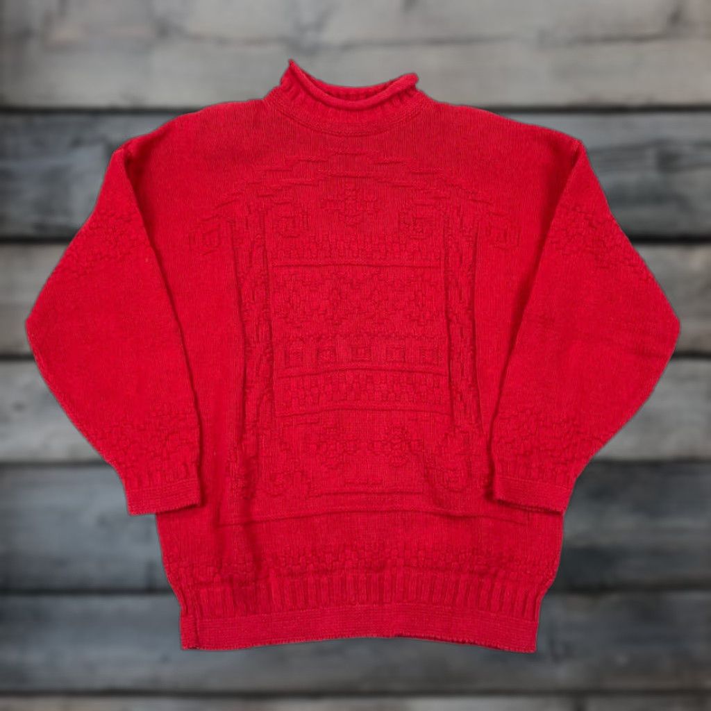 Vintage VTG 90s Red Hand Knit High Neck Sweater USA Made Heavyweight Oversized S Womens Pullover Knit Style Casual 100% Cotton Pattern Solid Knit Size S / US 4 / IT 40 - 1 Thumbnail