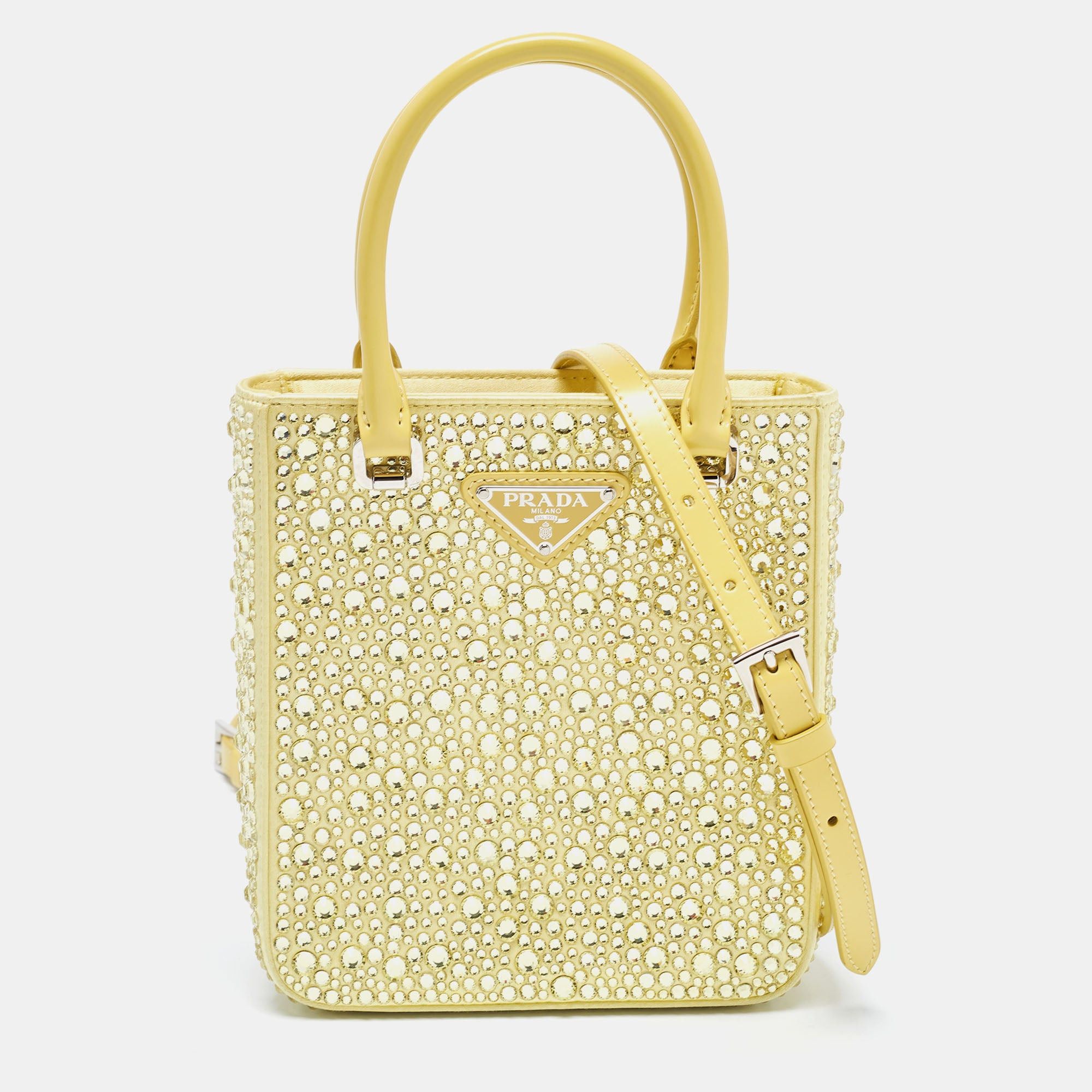 image of Prada Yellow Crystal Embellished Satin Small Tote, Women's