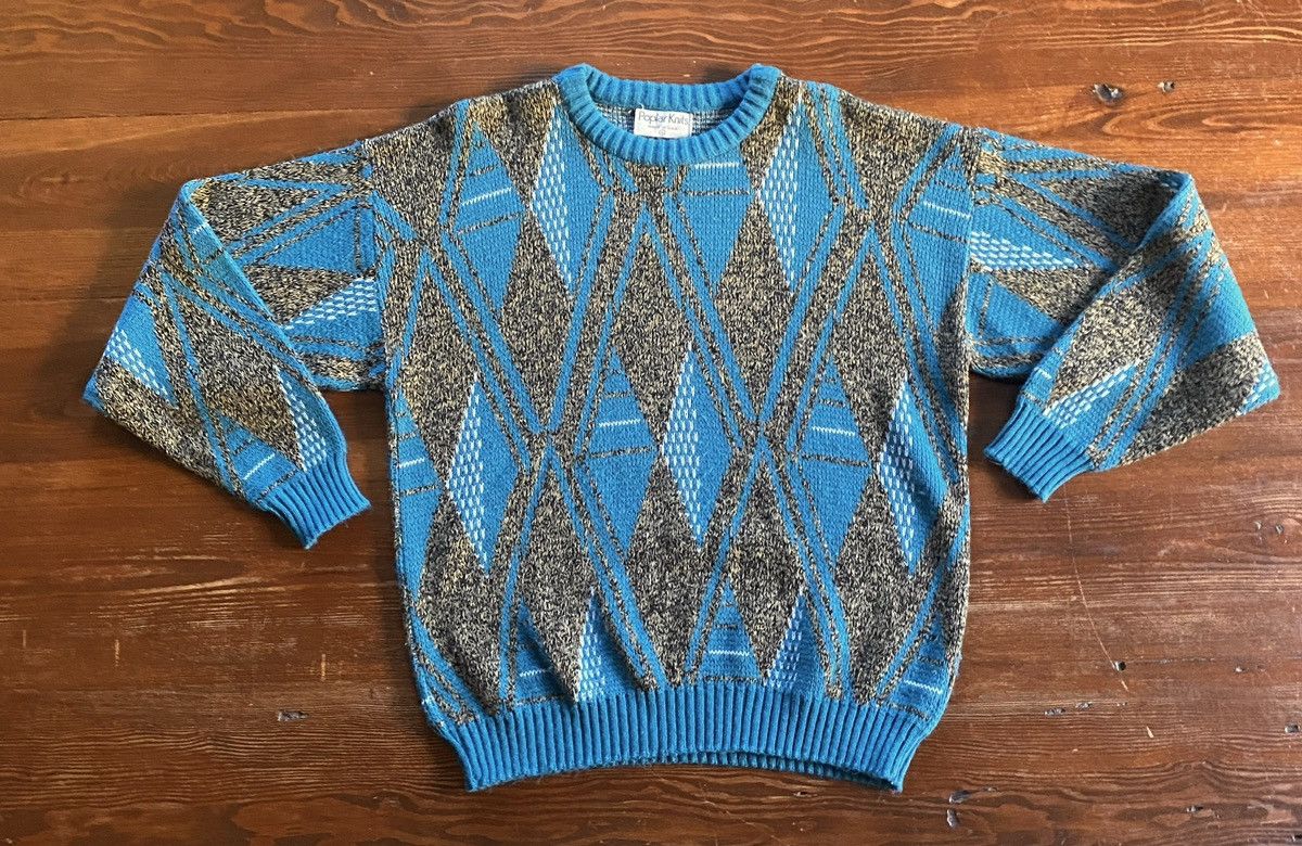 Vintage Vintage 80’s Poplar Knit Blue Diamond Pattern Knit Sweater Size US L / EU 52-54 / 3 - 2 Thumbnail