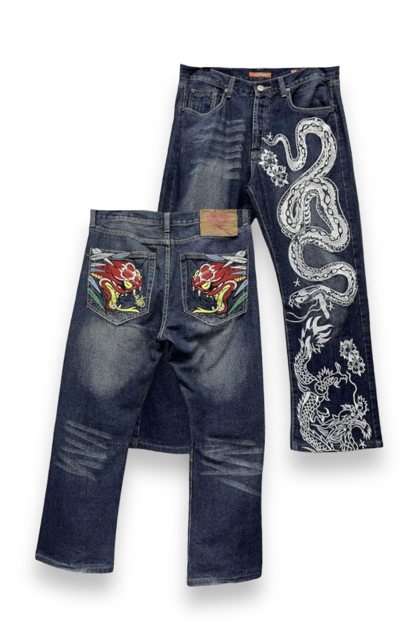 image of VeryEd Hardy Snake & Dragon Embroidered Tattoo Wear in Blue, Men's (Size 33)