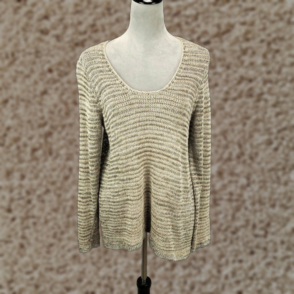 Eileen Fisher EILEEN FISHER Sweater Womens Large Beige Striped Open Knit Pullover V-Neck Lightweight Bohemian Classic Size L / US 10 / IT 46 - 1 Thumbnail