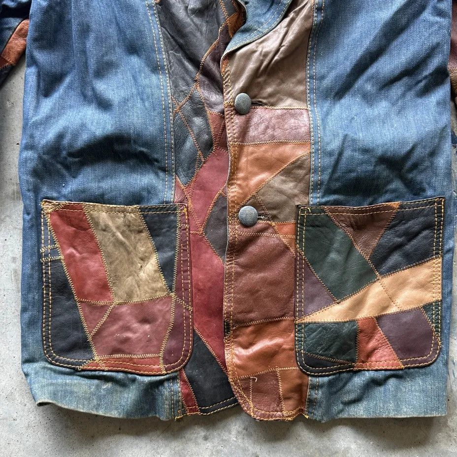 Other Vintage 70s Rosemary Patchwork Leather Denim Jacket Size L / US 10 / IT 46 - 2 Thumbnail