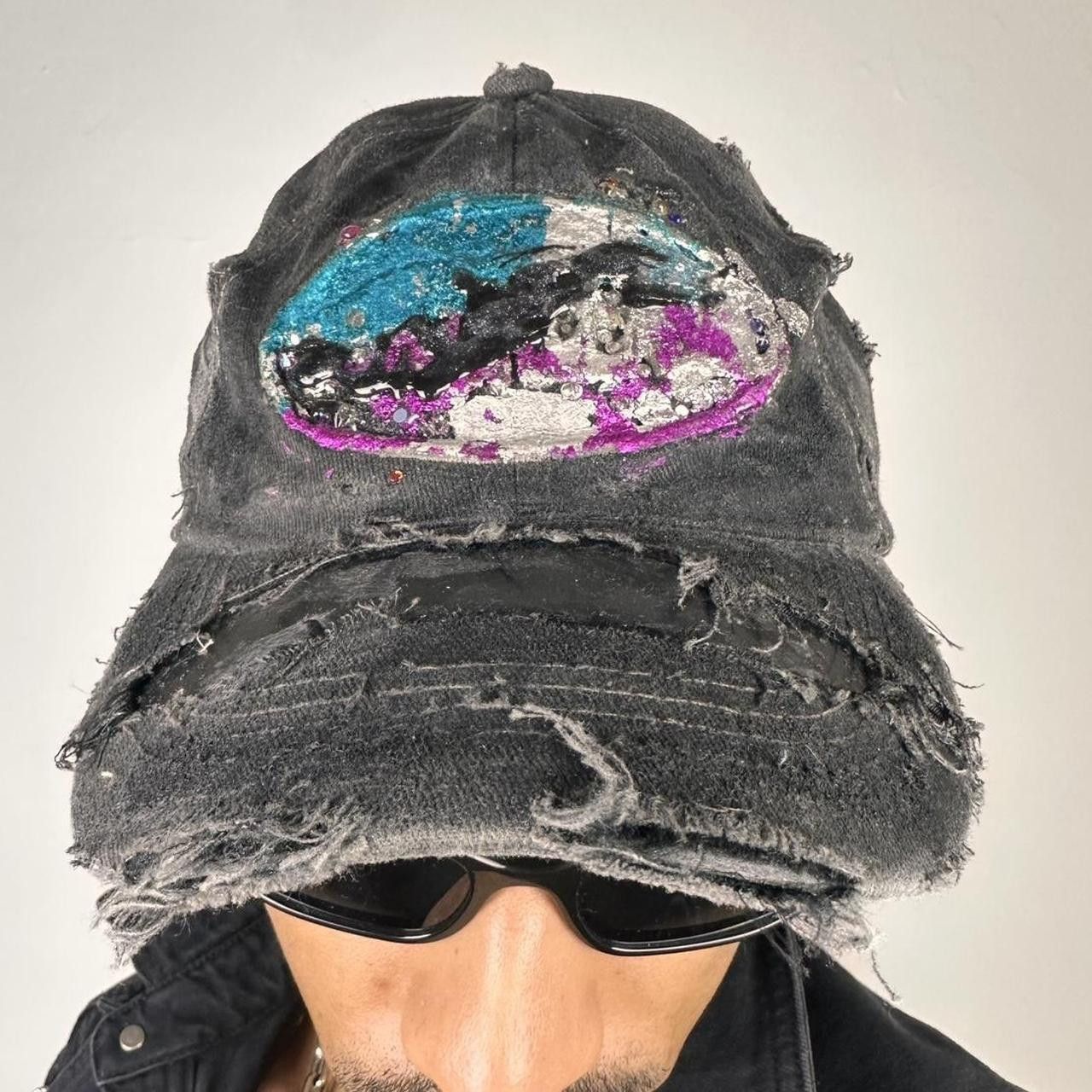 Other ASTROBOI* 'Technicolor' Y2K Black Distressed Rhinestone Hat Size ONE SIZE - 7 Thumbnail