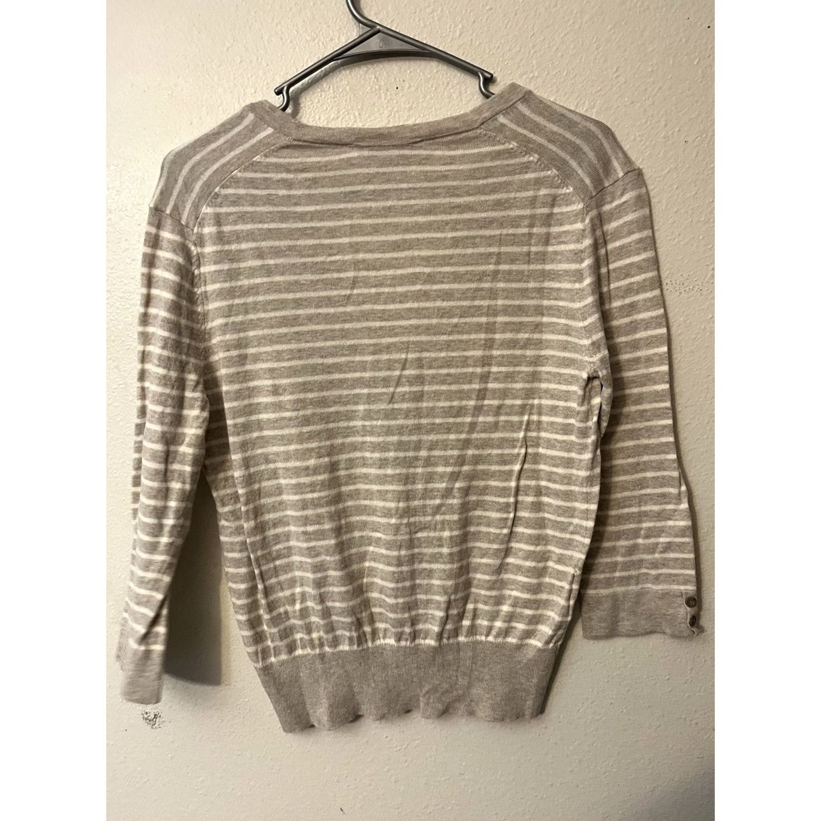 Loft LOFT Cardigan Sweater Women’s Gray Striped Size M Long Sleeve Open Breathable Lightweight 100% Cotton Button Crew Neck Size M / US 6-8 / IT 42-44 - 2 Thumbnail