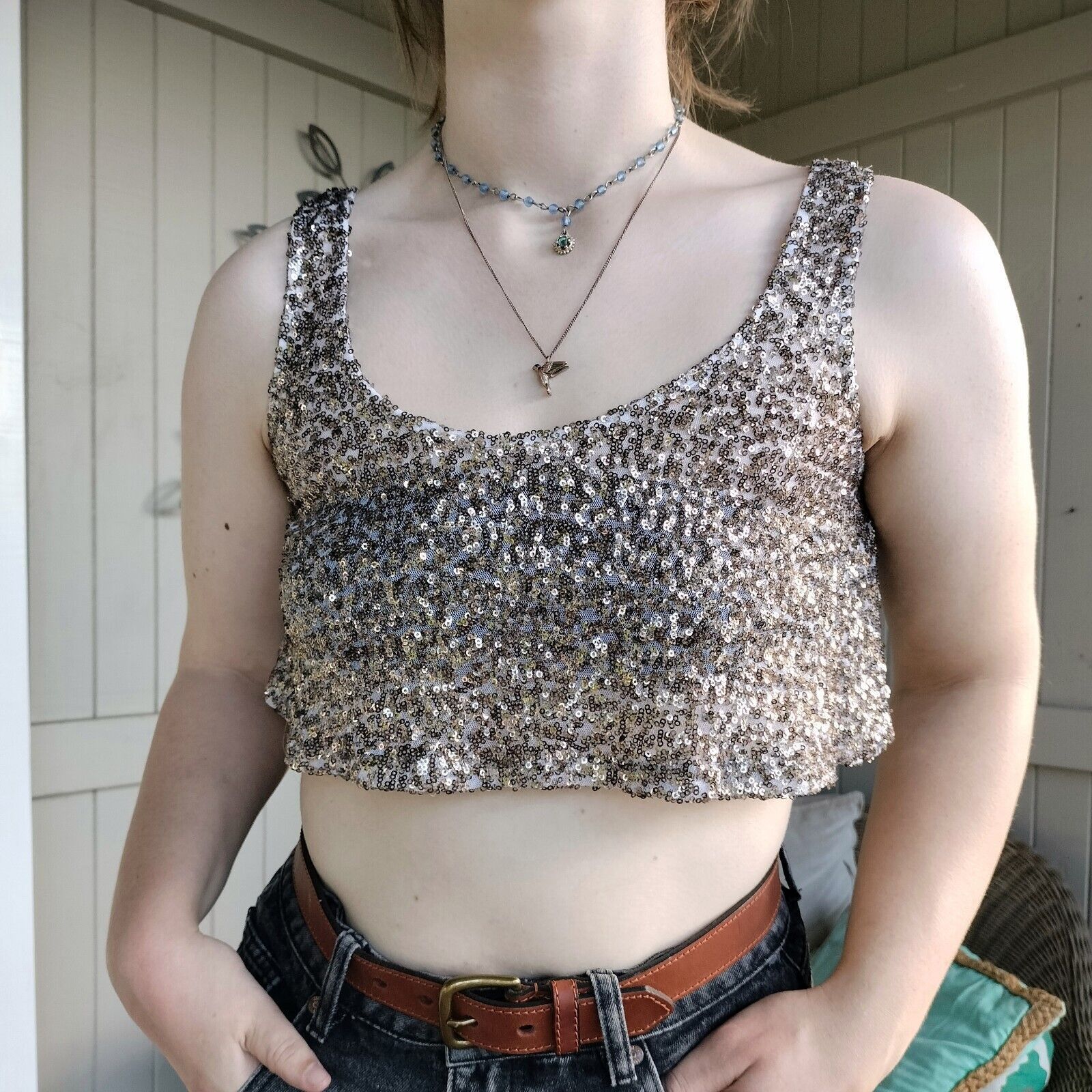 Japanese Brand Crop Top Tank Sequin Mesh Embroidered Baroque Festival Size ONE SIZE - 1 Thumbnail
