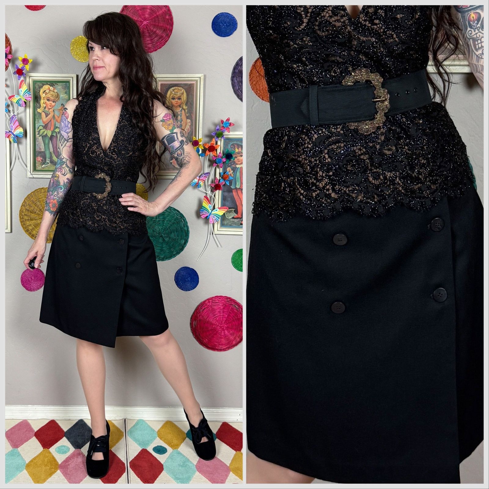 Vintage Vintage 1990s Black Wool Button Front Mini Wrap Skirt Size 28" / US 6 / IT 42 - 1 Thumbnail