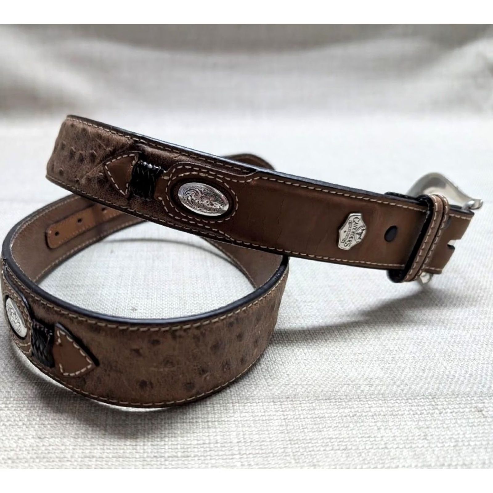 Vintage VINTAGE Cavender's Western Belt Ostrich Print Leather 32 Brown Concho Buckle Men Belt Size 32 - 3 Thumbnail