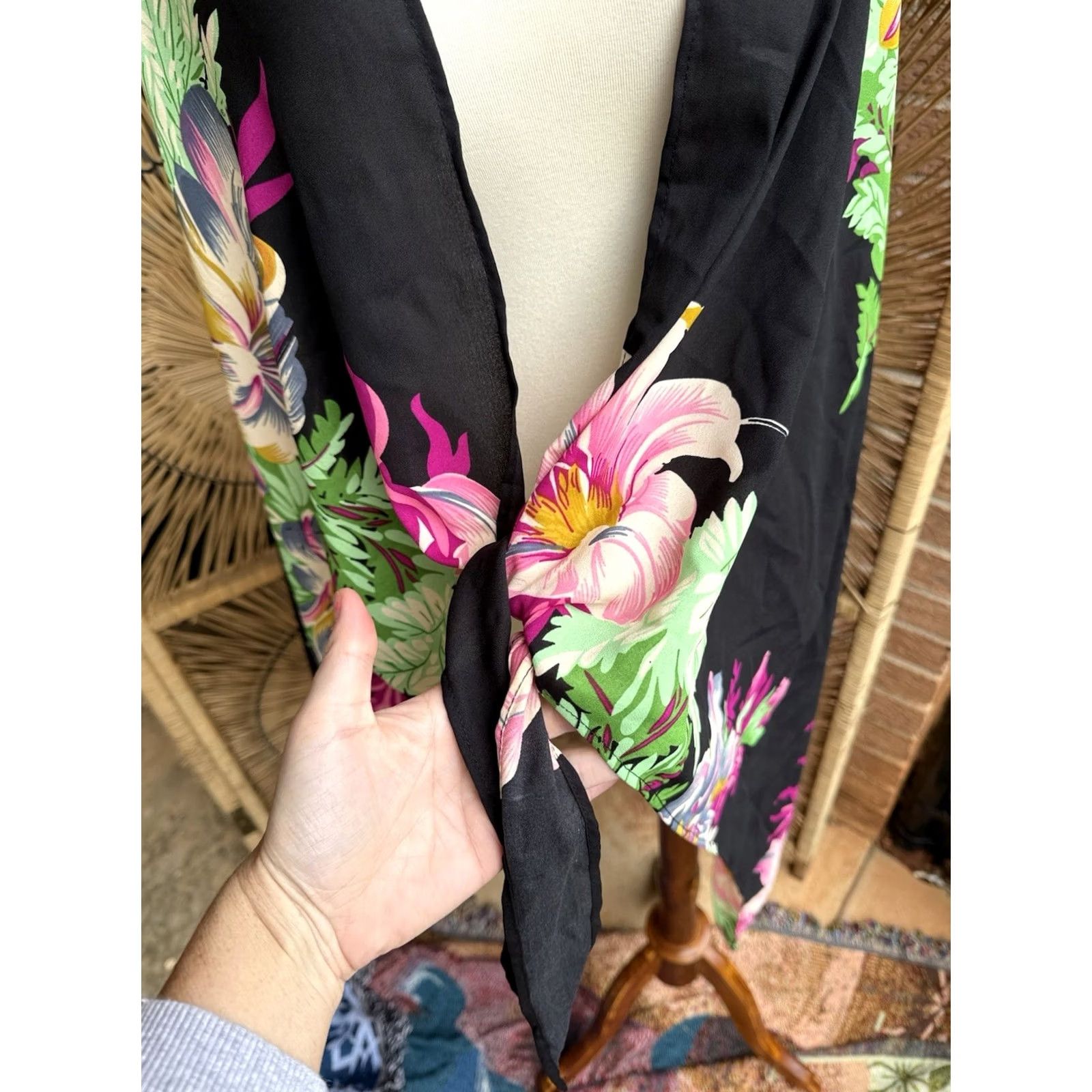 Vintage VINTAGE Walter Baker Paradise Sarong Coverup One Size Black Floral Grand Magnolia Beach Womens Size ONE SIZE - 2 Thumbnail