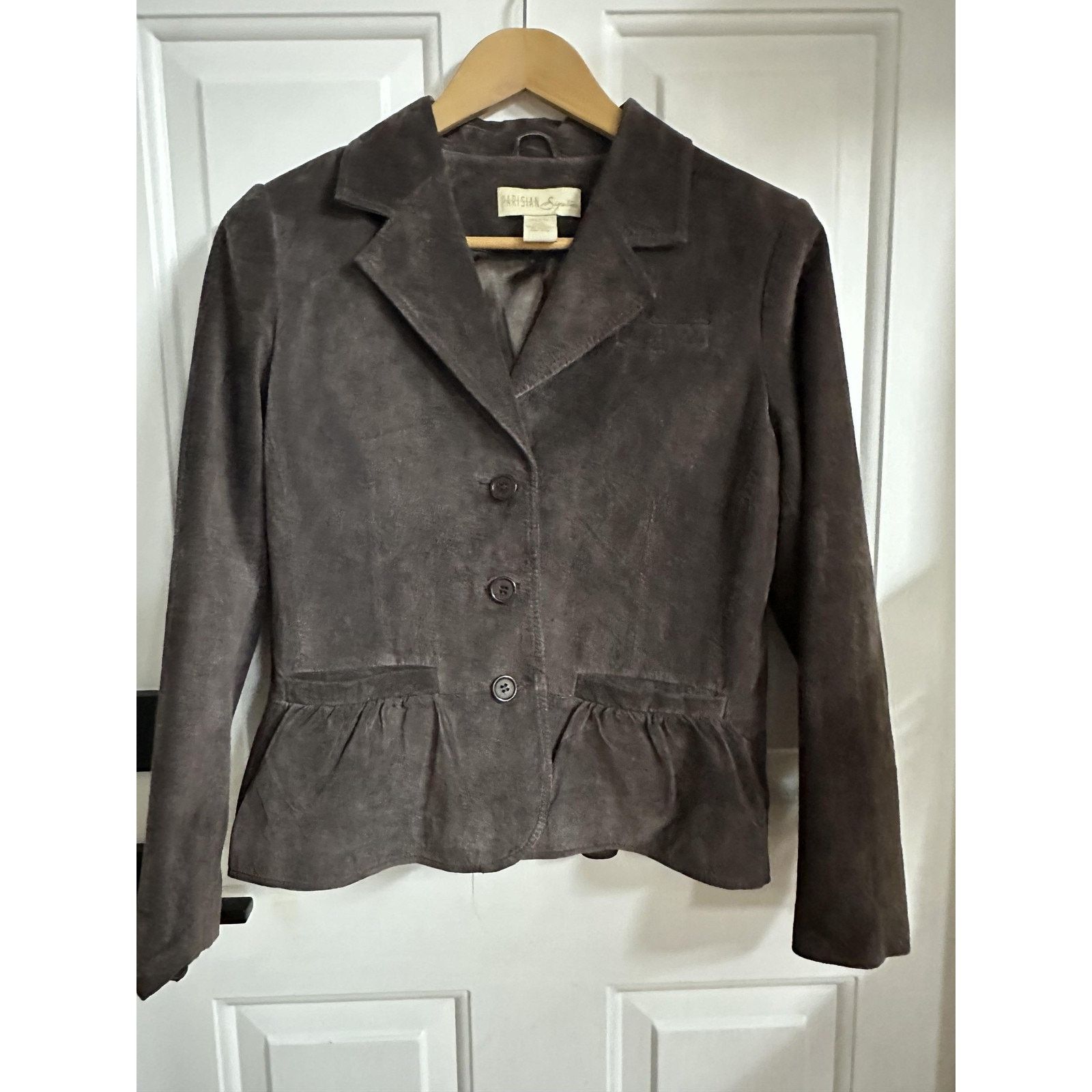 Vintage Parisian vintage Blazer Jacket Brown Leather Ruffle Peplum Size M / US 6-8 / IT 42-44 - 2 Thumbnail