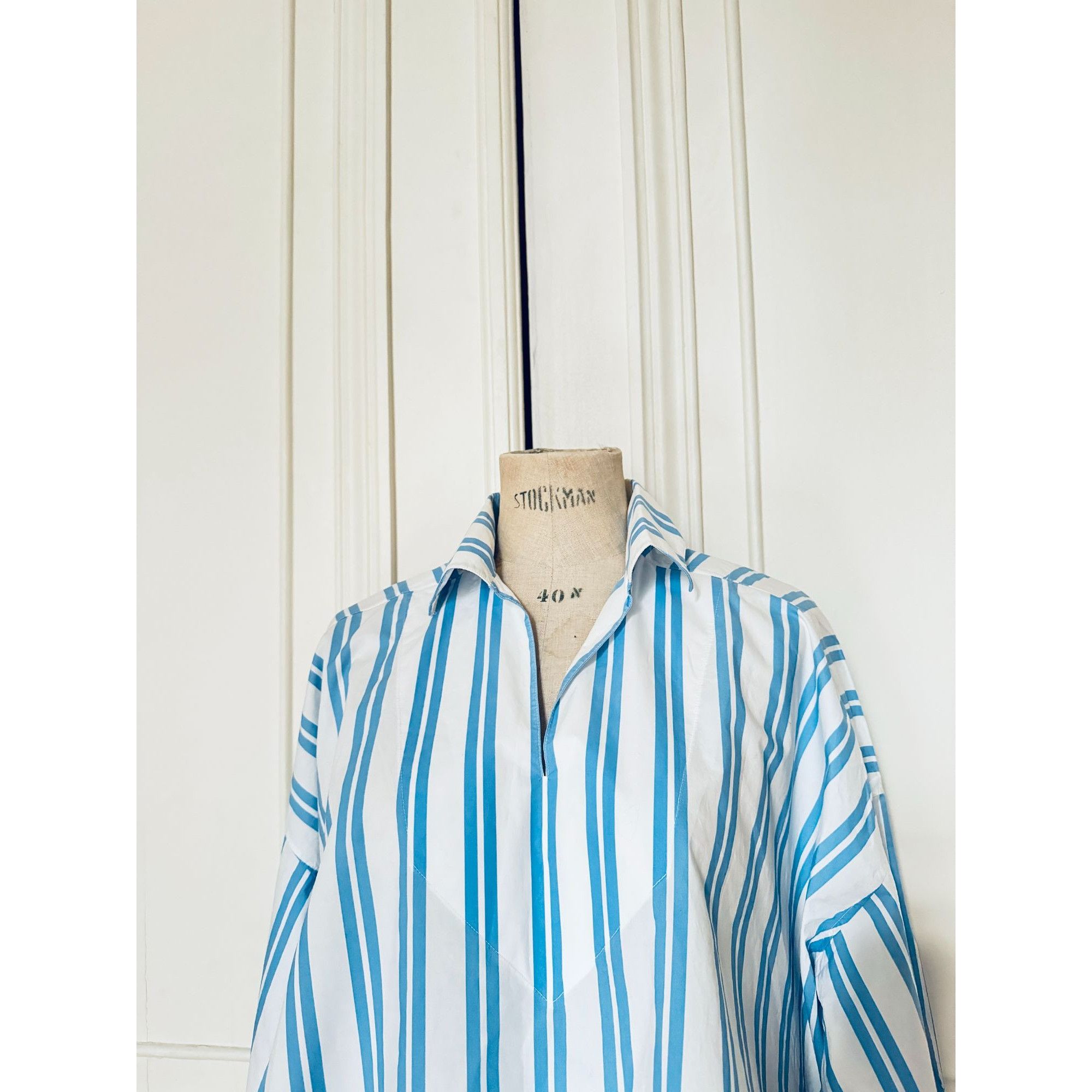 Balenciaga Oversized White Blue Striped Short Sleeves Shirt Size S / US 4 / IT 40 - 2 Thumbnail