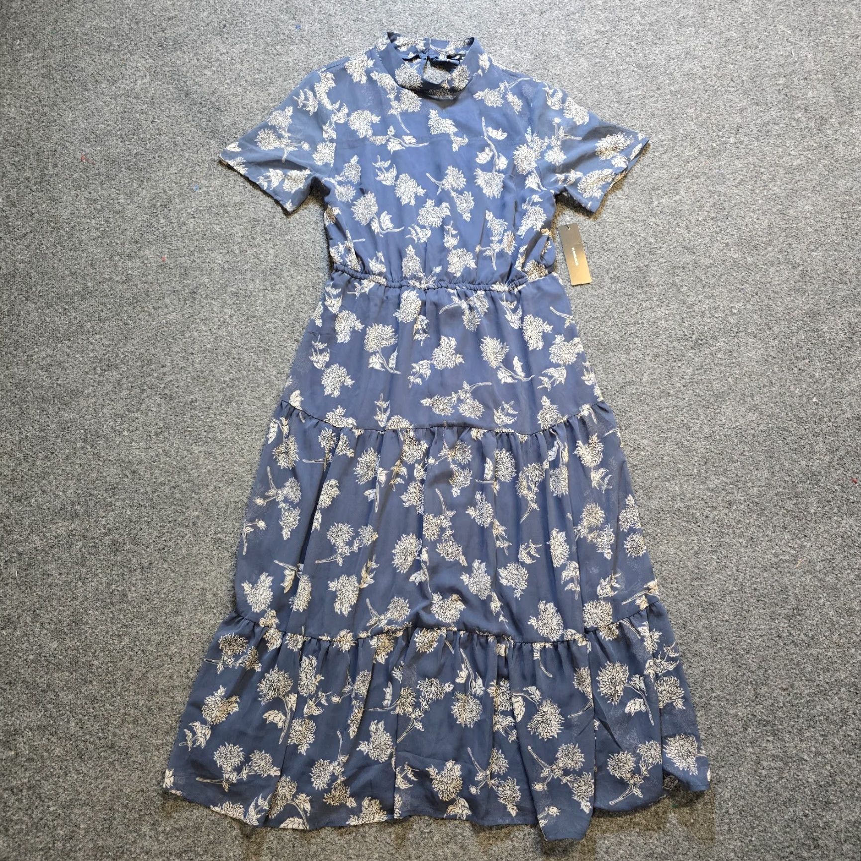 Lulus Lulus Dress Maxi Boho Prairie Floral Blue Lined Tiered Sheer Chiffon, Short Cap Sleeve, High Neck, Zip, Regular, Women, Size M Size M / US 6-8 / IT 42-44 - 2 Thumbnail