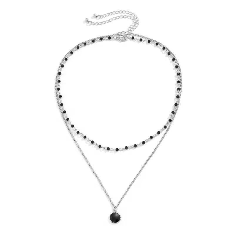 Jewelry Double Layer Black Rhinestone Pendant Silver Necklace Size ONE SIZE - 5 Thumbnail