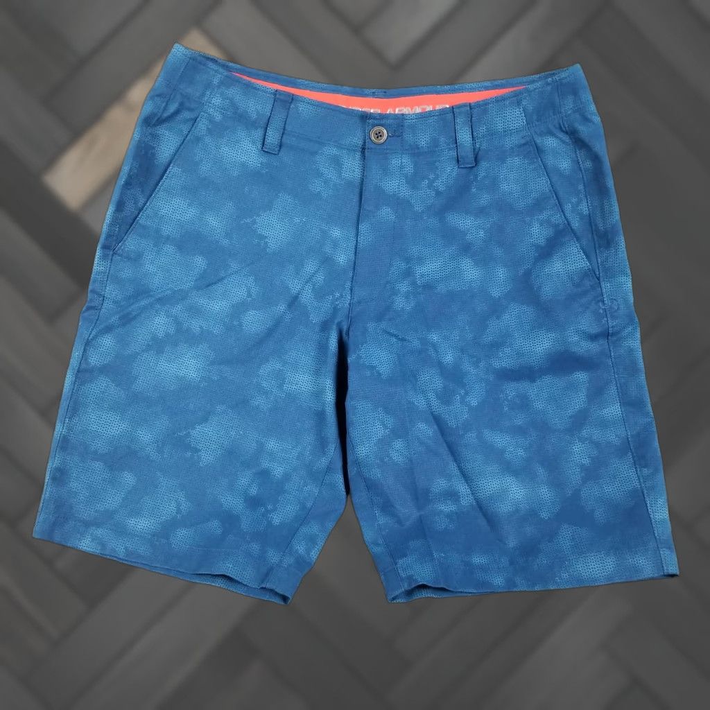 Under Armour HeatGear Golf Shorts Mens 36 Blue Lightweight Athletic Performance Geometric Pattern