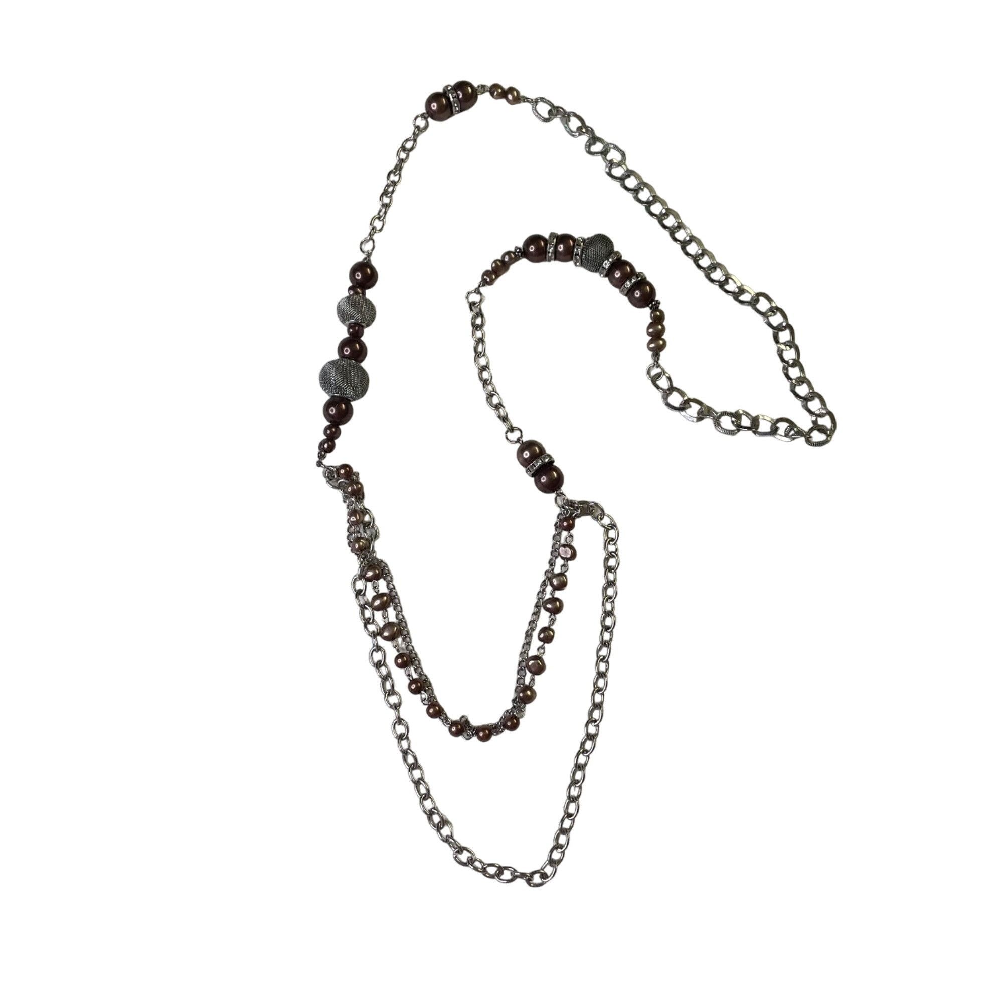 Other Long Silver Tone Chain Necklace Brown Beads Mesh Accents Fas Size ONE SIZE - 1 Thumbnail