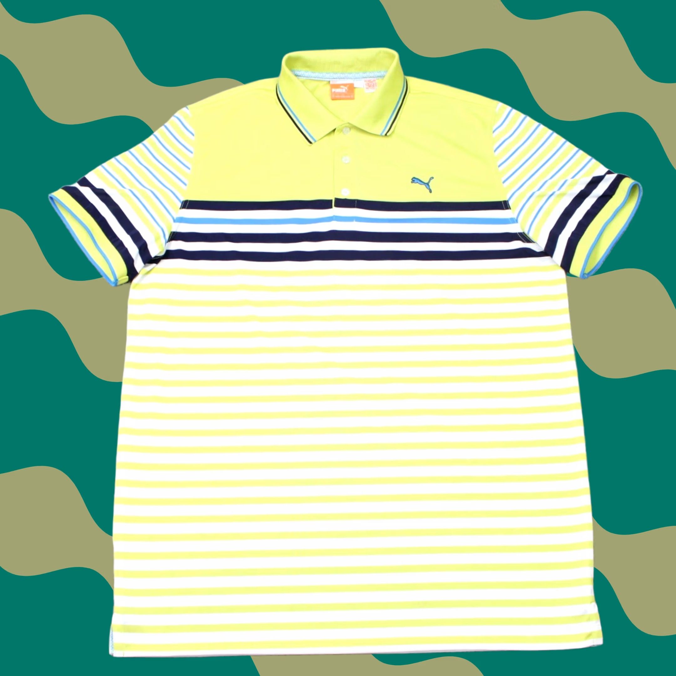 Puma Puma Polo Shirt Mens XL Yellow/Blue Tech Stripe Performance Golf Short Sleeve Polo Shirt Size US XL / EU 56 / 4 - 1 Thumbnail