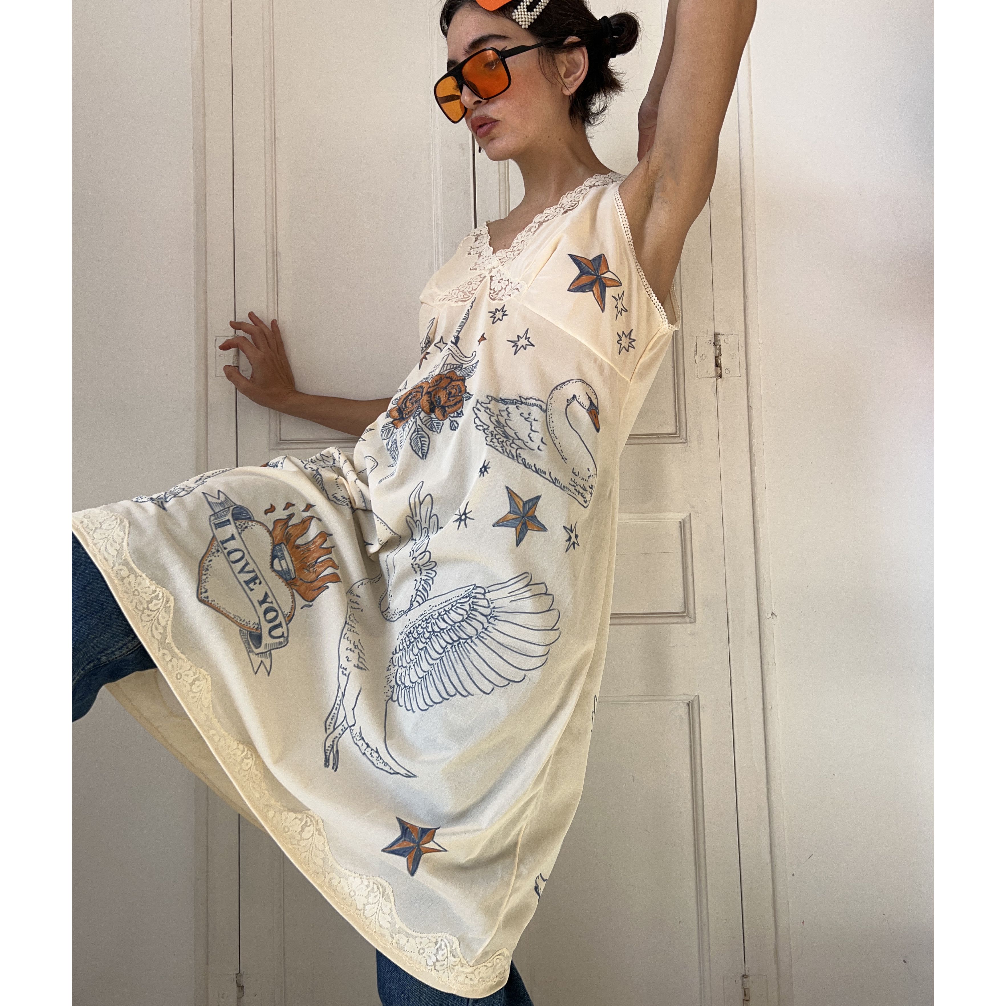 Custommade Hand-Painted Tattoo Swan Slip Dress Size L / US 10 / IT 46 - 5 Thumbnail