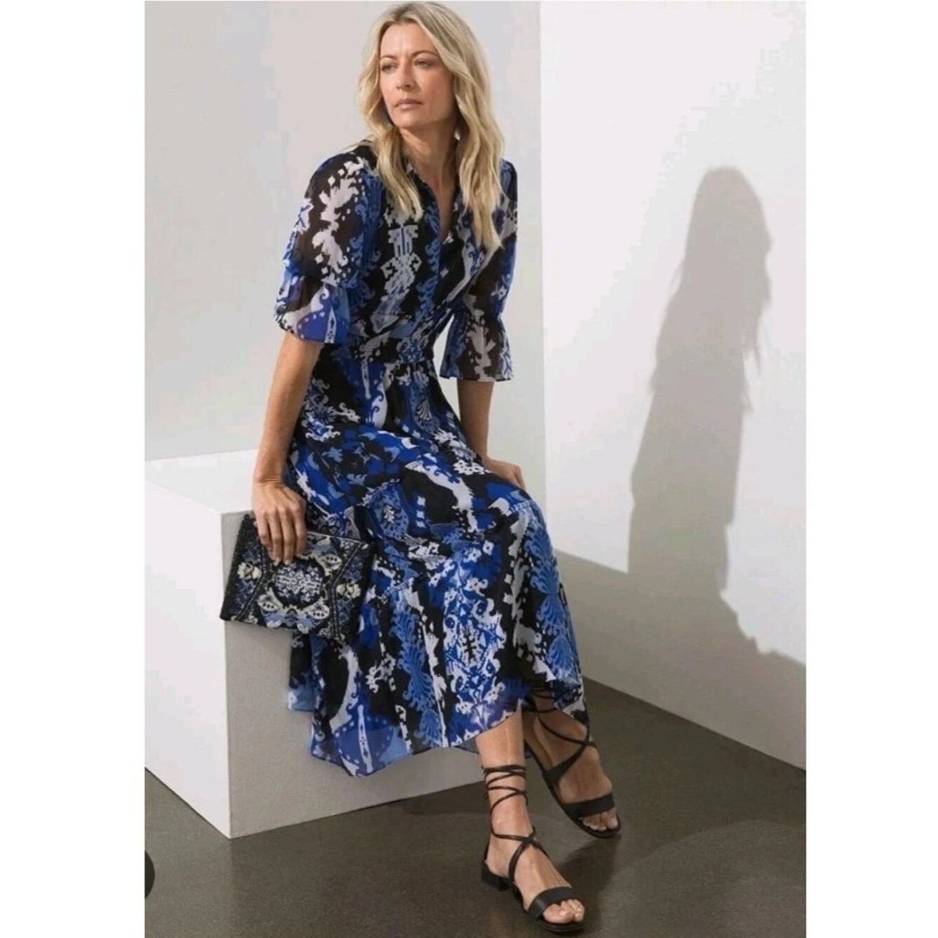 Chicos Chico's Ikat Puff Sleeve Cotton Tiered Midi Dress Size 00 U Size XS / US 0-2 / IT 36-38 - 3 Thumbnail