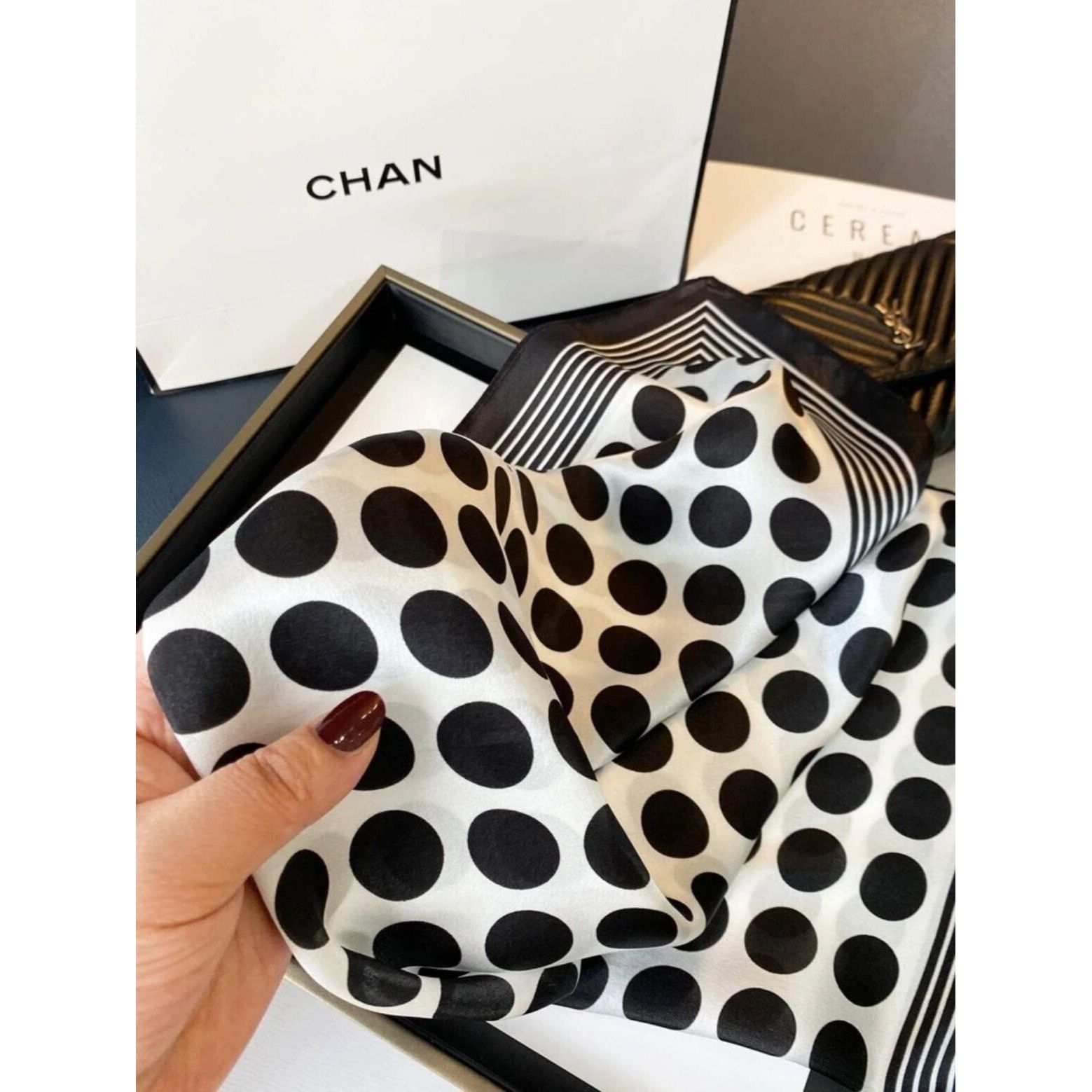 Other ✨Luxurious Retro Chic Silky Scarf Black White Polka Dot Geom Size ONE SIZE - 3 Thumbnail