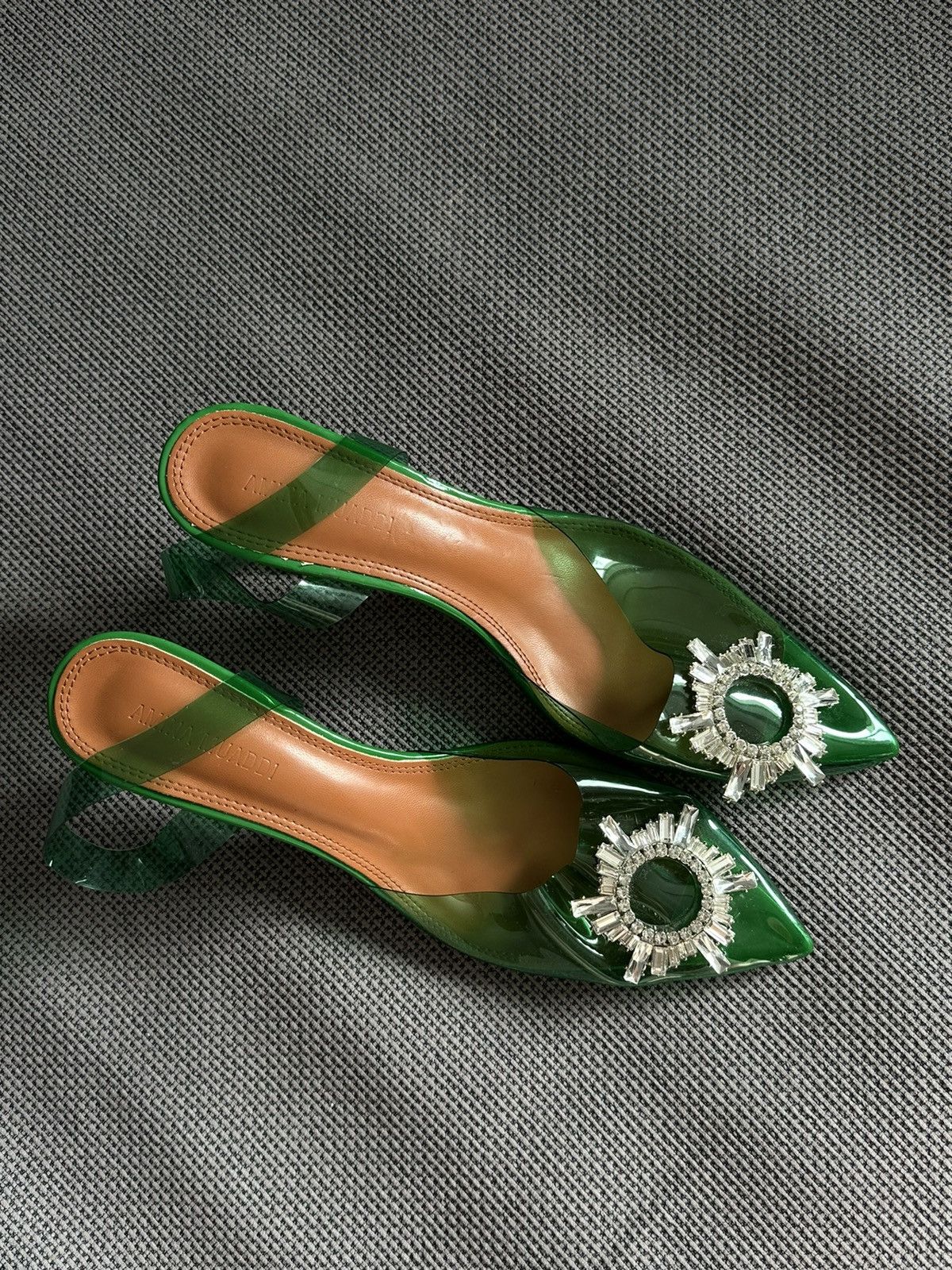 Amina Muaddi × Designer Amina Muaddi 95 Begum Glass PVC Green Clear Sling crystal 42 Size US 12 / IT 42 - 3 Thumbnail