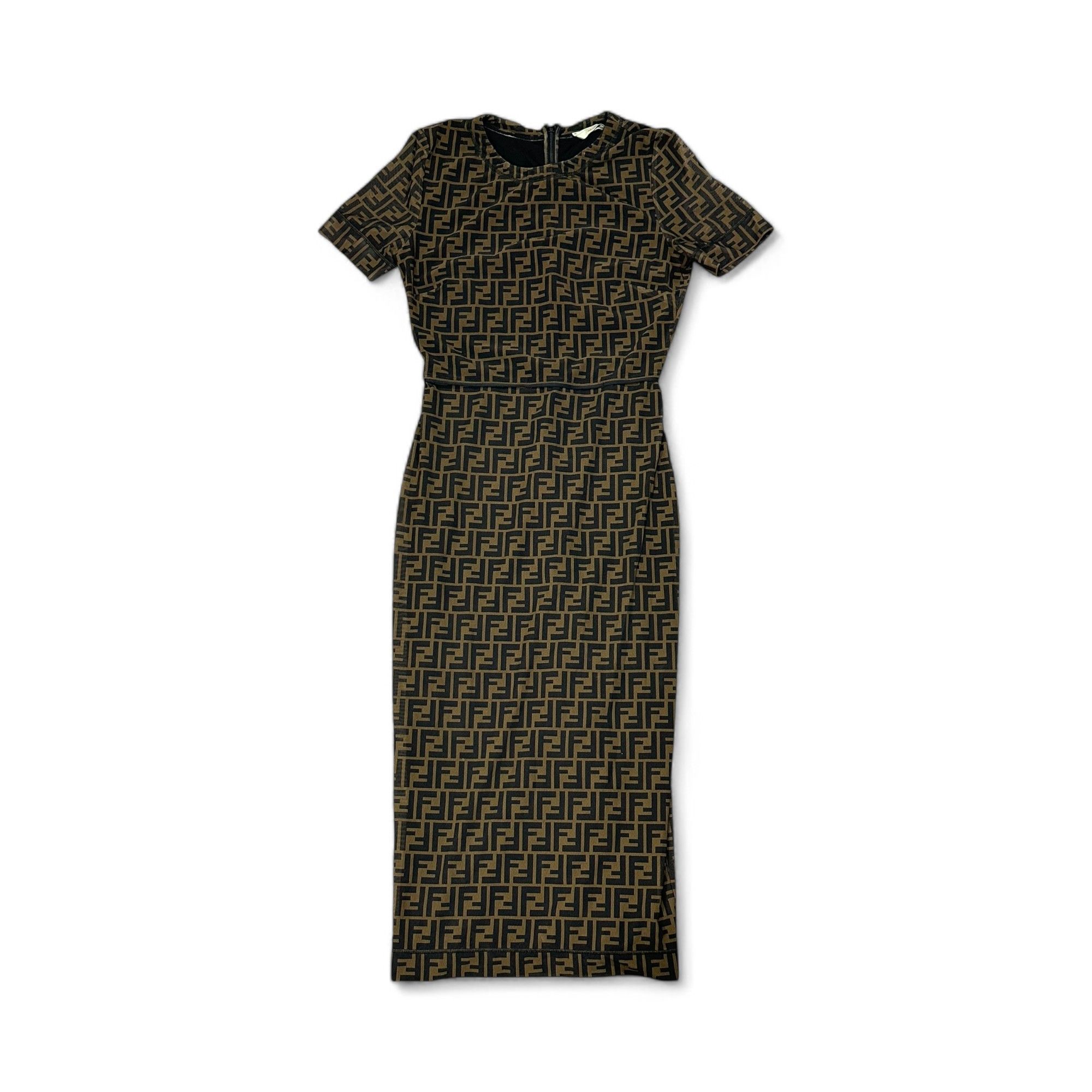 Fendi Fendi Midi Dress FF Monogram Zucca Mesh Sheath Brown Logo Size S / US 4 / IT 40 - 1 Thumbnail