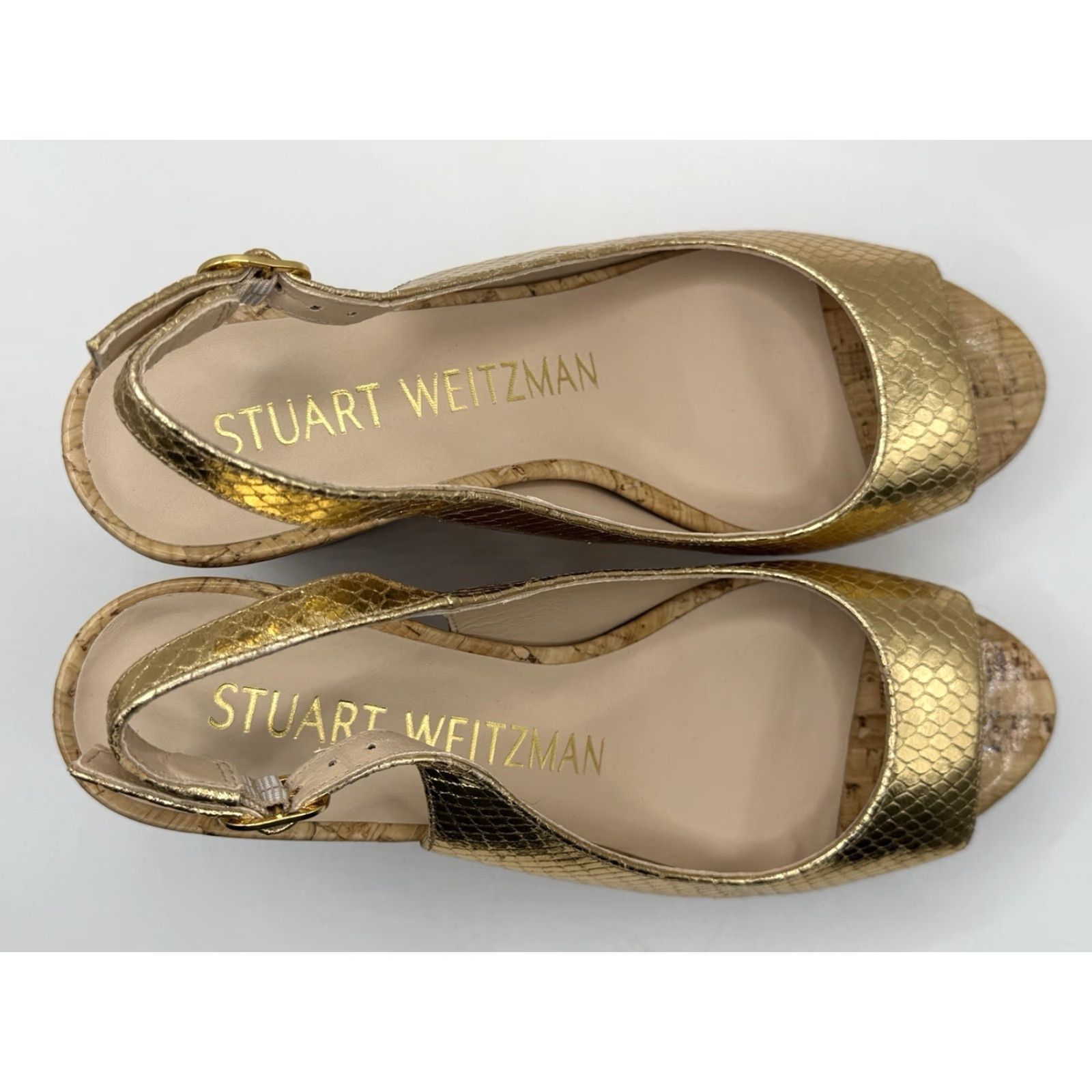 Stuart Weitzman STUART WEITZMAN Riveria Gold Python-Embossed Metallic Leather Cork Wedge 6 Size US 6 / IT 36 - 4 Thumbnail
