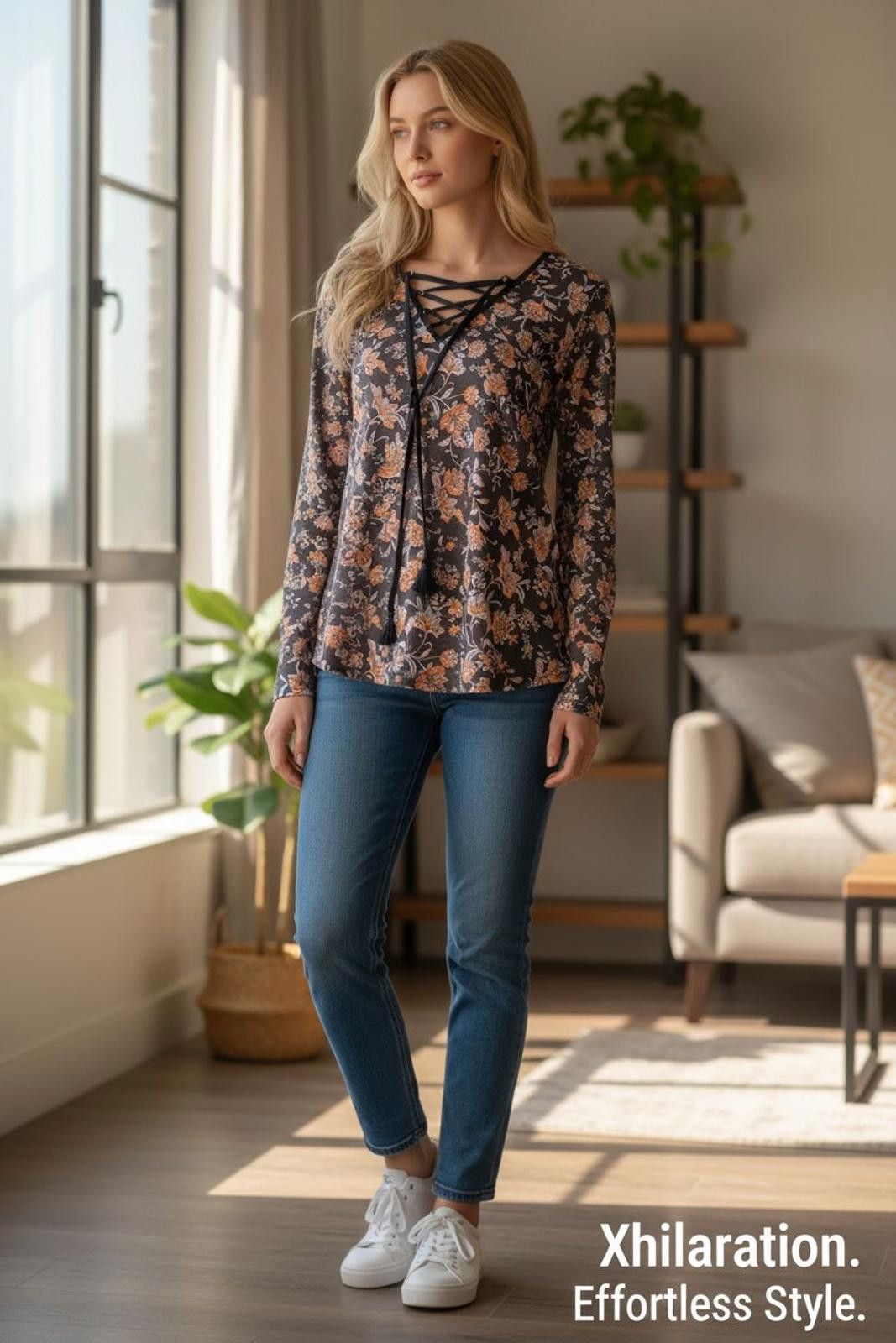 Other Xhilaration Women's Floral Lace-Up Long Sleeve Blouse Size S / US 4 / IT 40 - 2 Thumbnail