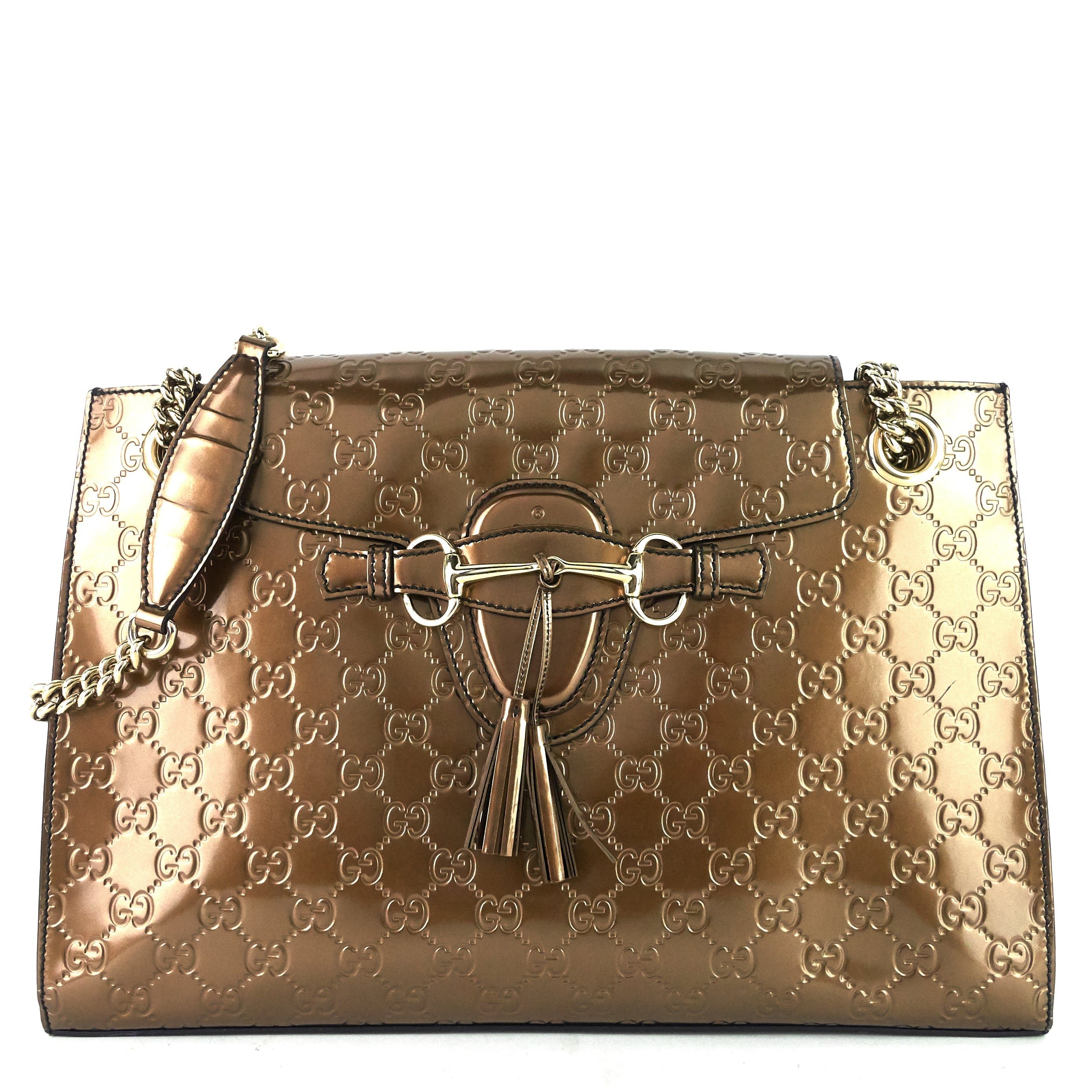 image of Gucci Emily Large Guccissima Patent Leather Bag in Gold, Women's