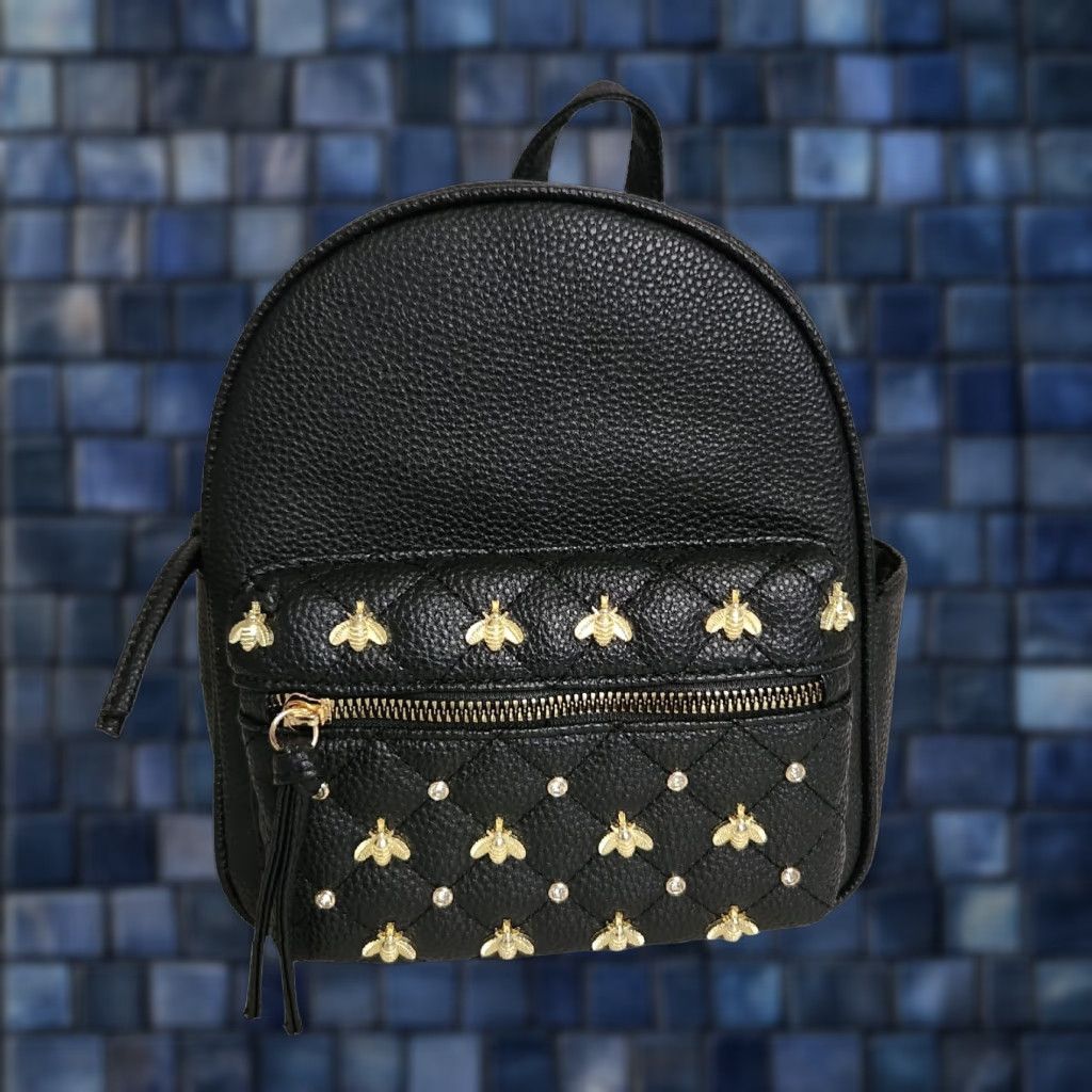 Vintage Underonesky Backpack Mini Women Gold Black Quilted Pebbled Bees Rhinestones Travel Purse Size ONE SIZE - 1 Thumbnail