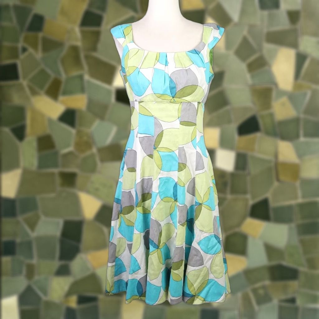 MAGGY LONDON VINTAGE Maggy London A-Line Dress Sleeveless 6 Women Green Cream Blue Abstract Circle Print Knee Length Cotton Pockets 90s Size M / US 6-8 / IT 42-44 - 1 Thumbnail