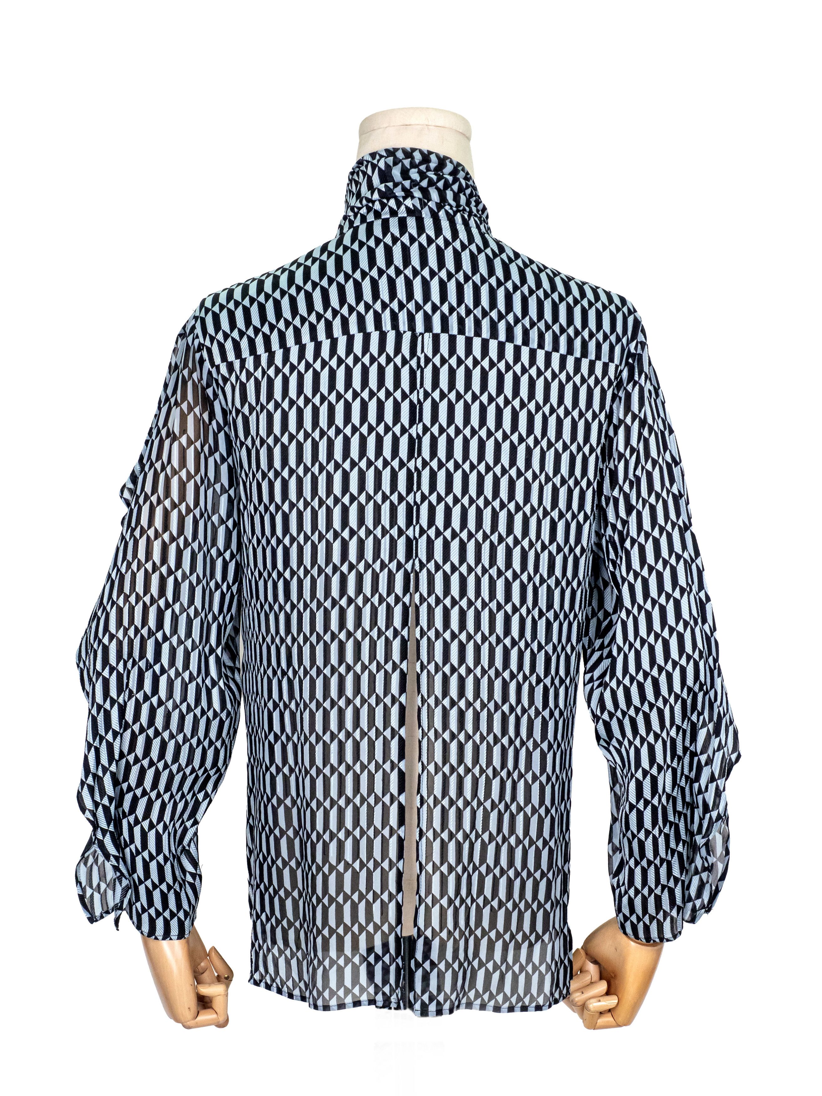 Fendi Fendi Black Grey Geometric Printed Silk Shirt with Neck Wrap Size XS / US 0-2 / IT 36-38 - 2 Thumbnail