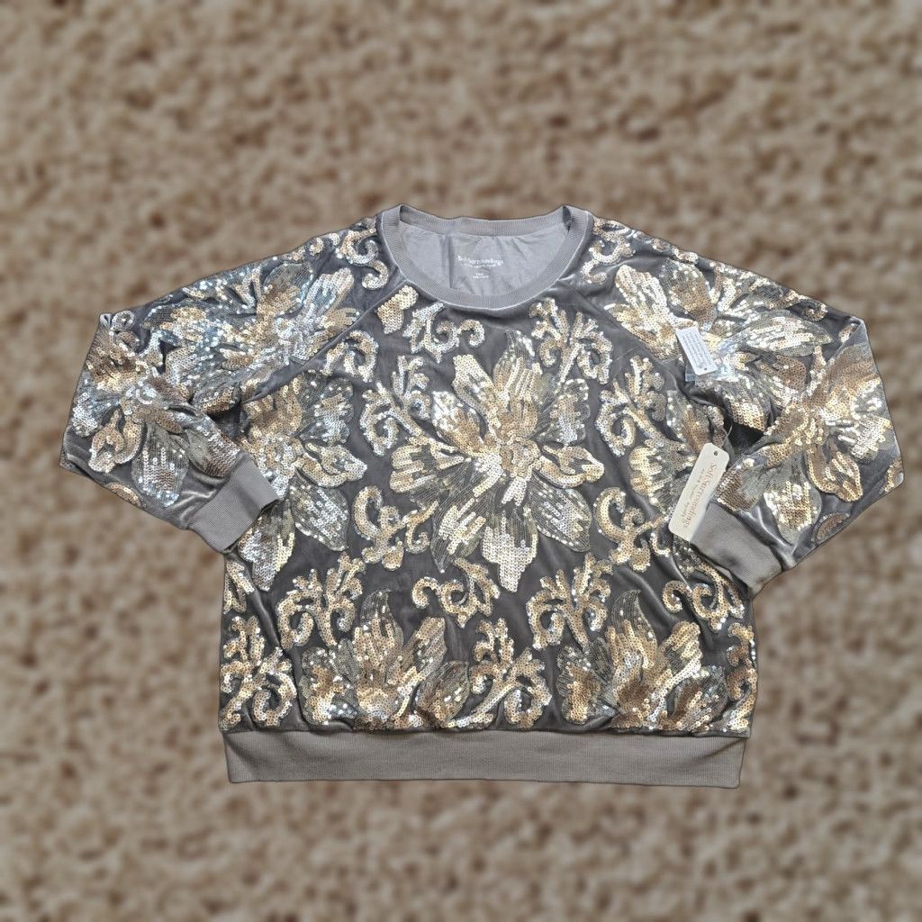 Soft Surroundings Sweater Womens Large Gray Silver Sequin Velour Pullover Casual