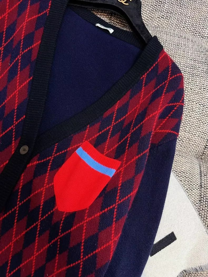 Prada Miu Miu Blue Red Argyle Knit Cardigan-2506 Size M / US 6-8 / IT 42-44 - 4 Thumbnail